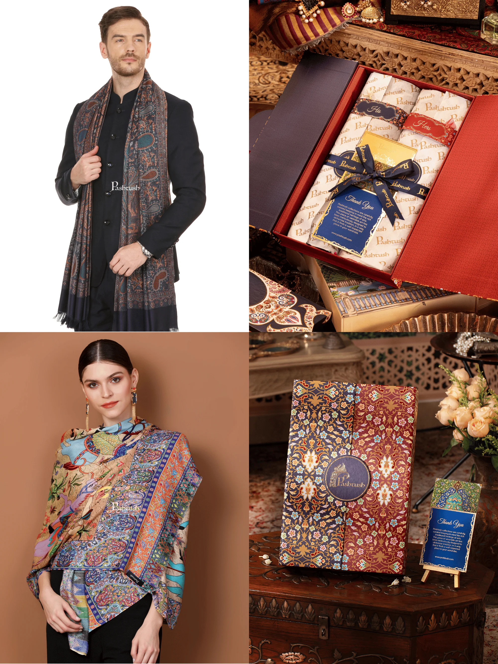 Pashtush His And Her Set Of Mens Jamawar Stole and Womens Bamboo Stole, Premium Gift Box Packaging, Navy Blue and Multicolour