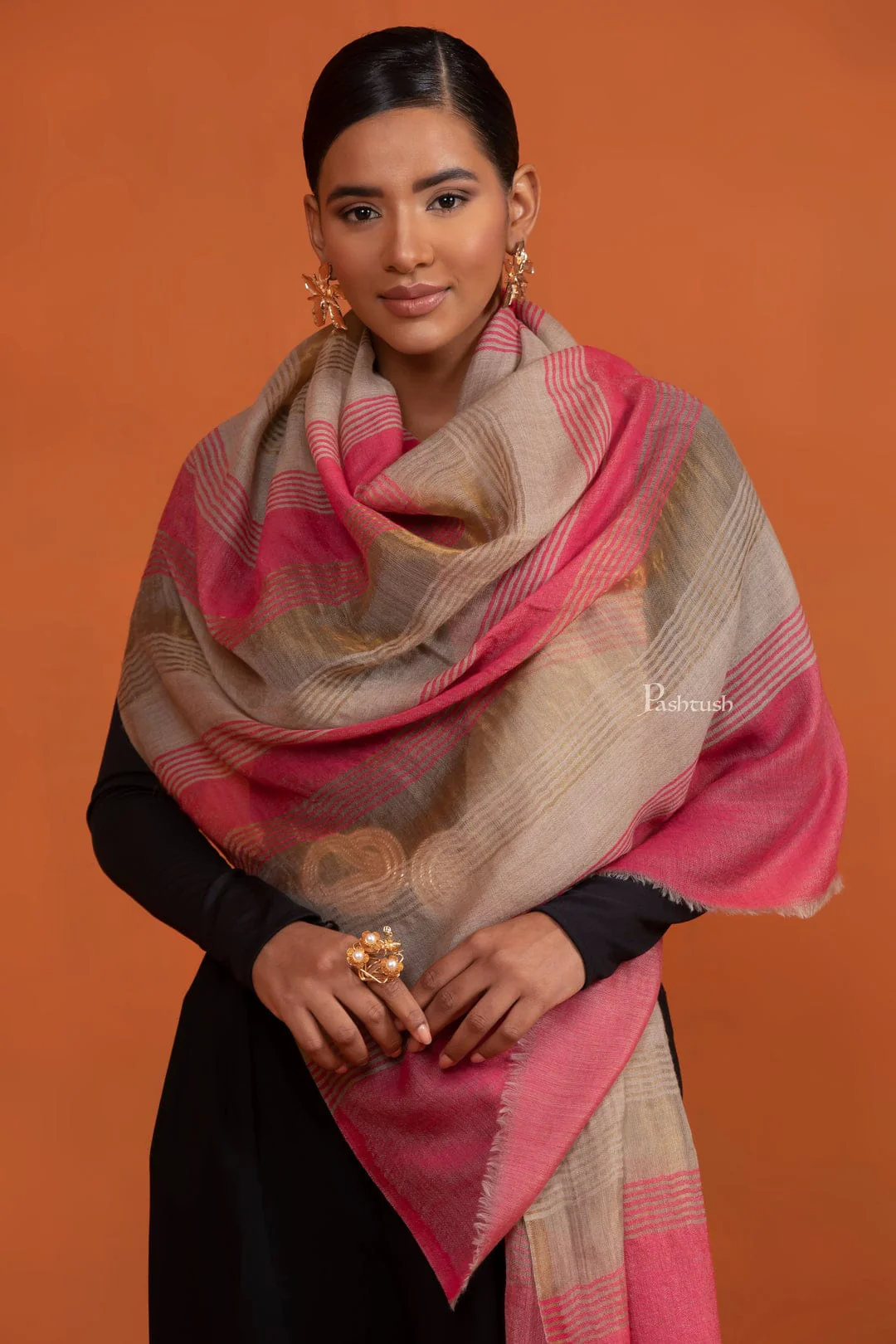 Pashtush His And Her Set Of Mens Jamawar Stole and Womens Extra Fine Wool Stole, Premium Gift Box Packaging, Ivory and Pink - Image 11