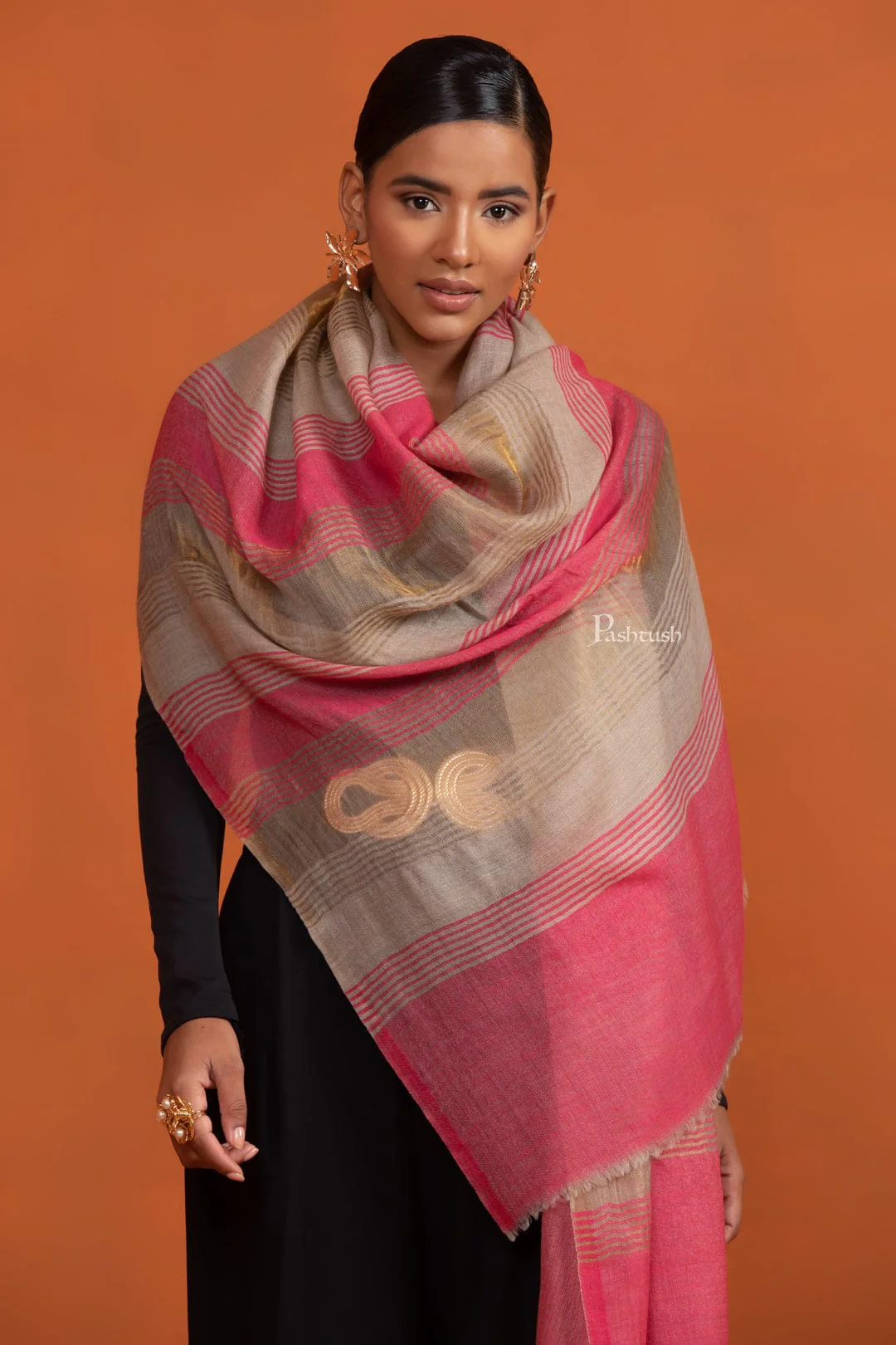 Pashtush His And Her Set Of Mens Jamawar Stole and Womens Extra Fine Wool Stole, Premium Gift Box Packaging, Ivory and Pink - Image 12