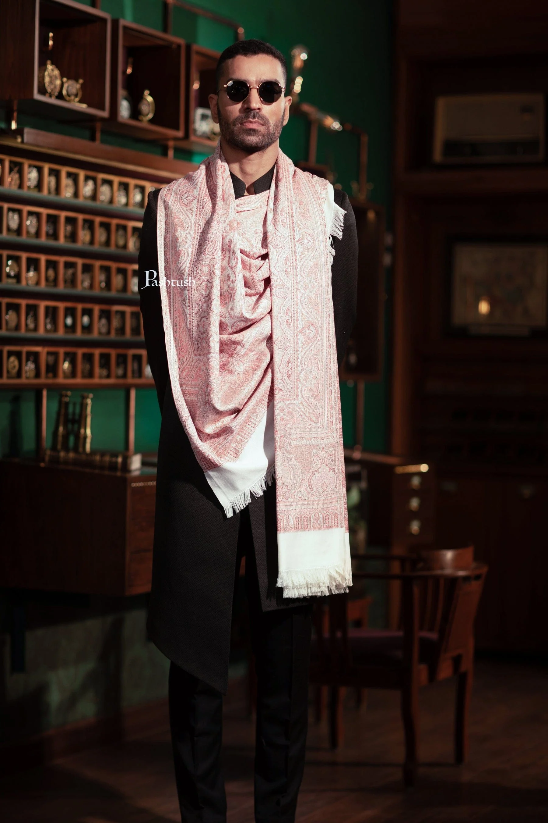 Pashtush His And Her Set Of Mens Jamawar Stole and Womens Extra Fine Wool Stole, Premium Gift Box Packaging, Ivory and Pink - Image 3