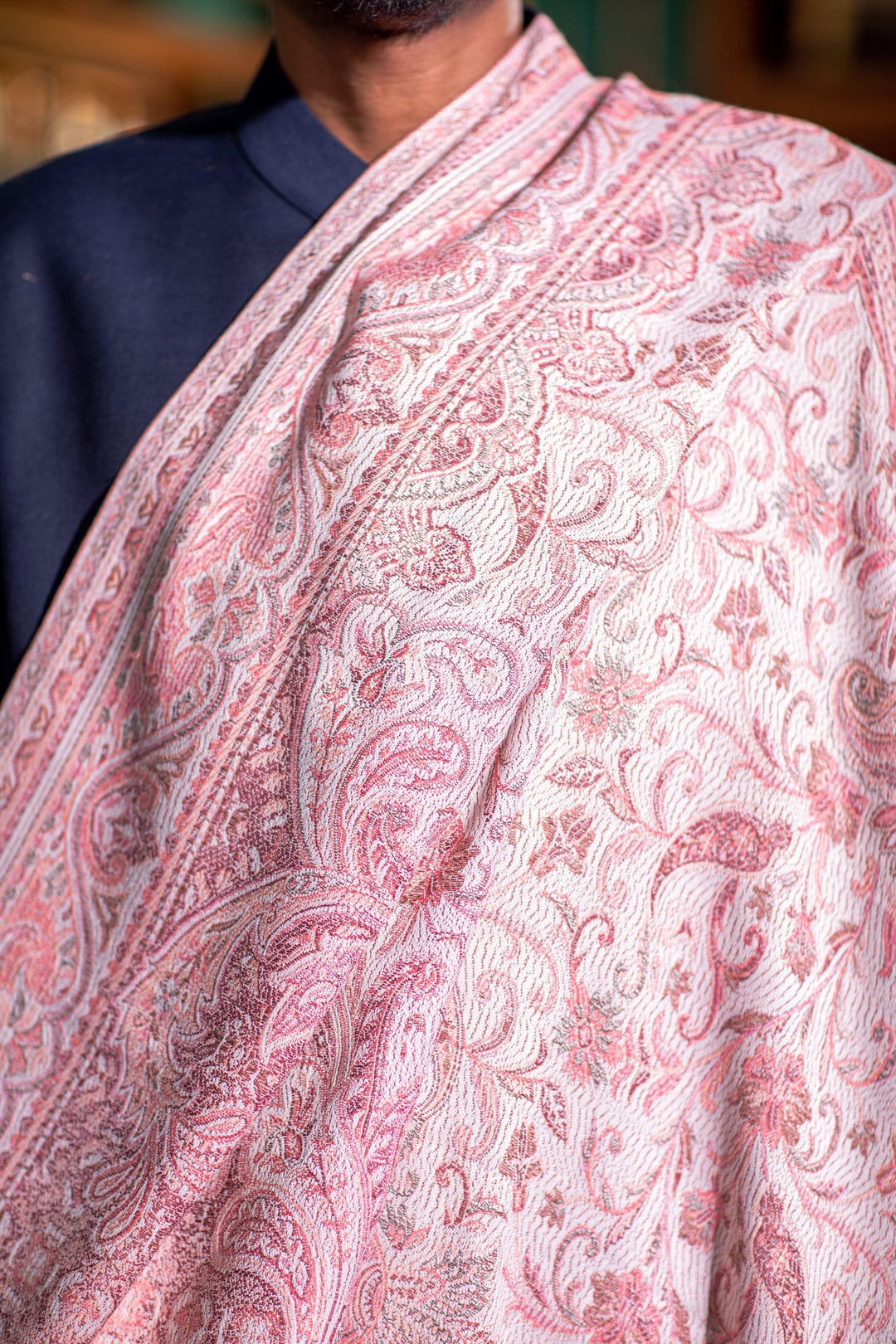 Pashtush His And Her Set Of Mens Jamawar Stole and Womens Extra Fine Wool Stole, Premium Gift Box Packaging, Ivory and Pink - Image 5