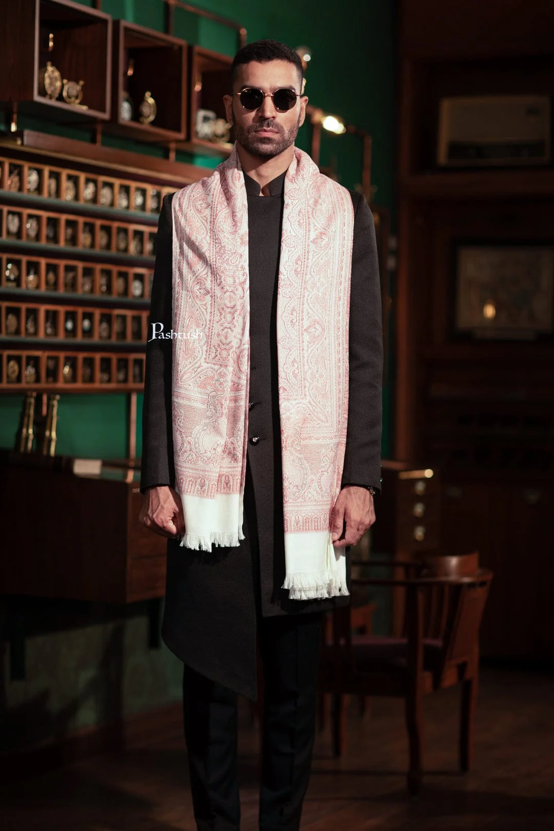 Pashtush His And Her Set Of Mens Jamawar Stole and Womens Extra Fine Wool Stole, Premium Gift Box Packaging, Ivory and Pink - Image 6