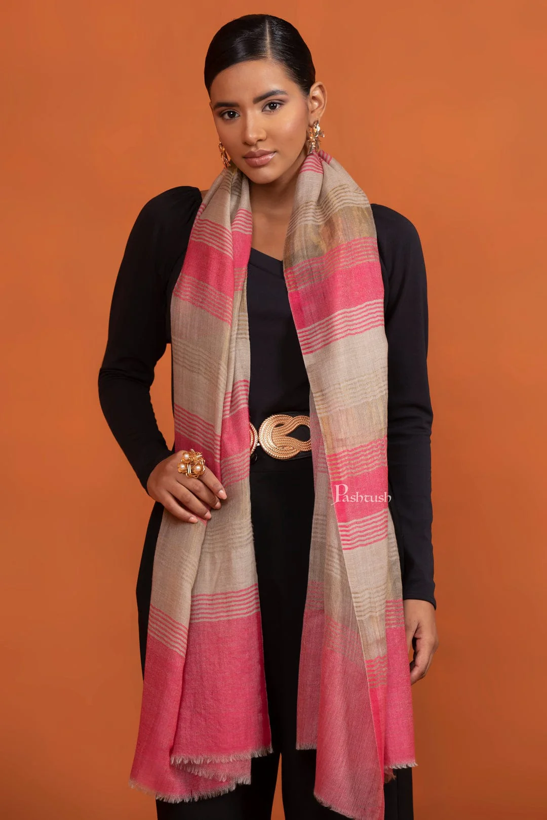 Pashtush His And Her Set Of Mens Jamawar Stole and Womens Extra Fine Wool Stole, Premium Gift Box Packaging, Ivory and Pink - Image 8