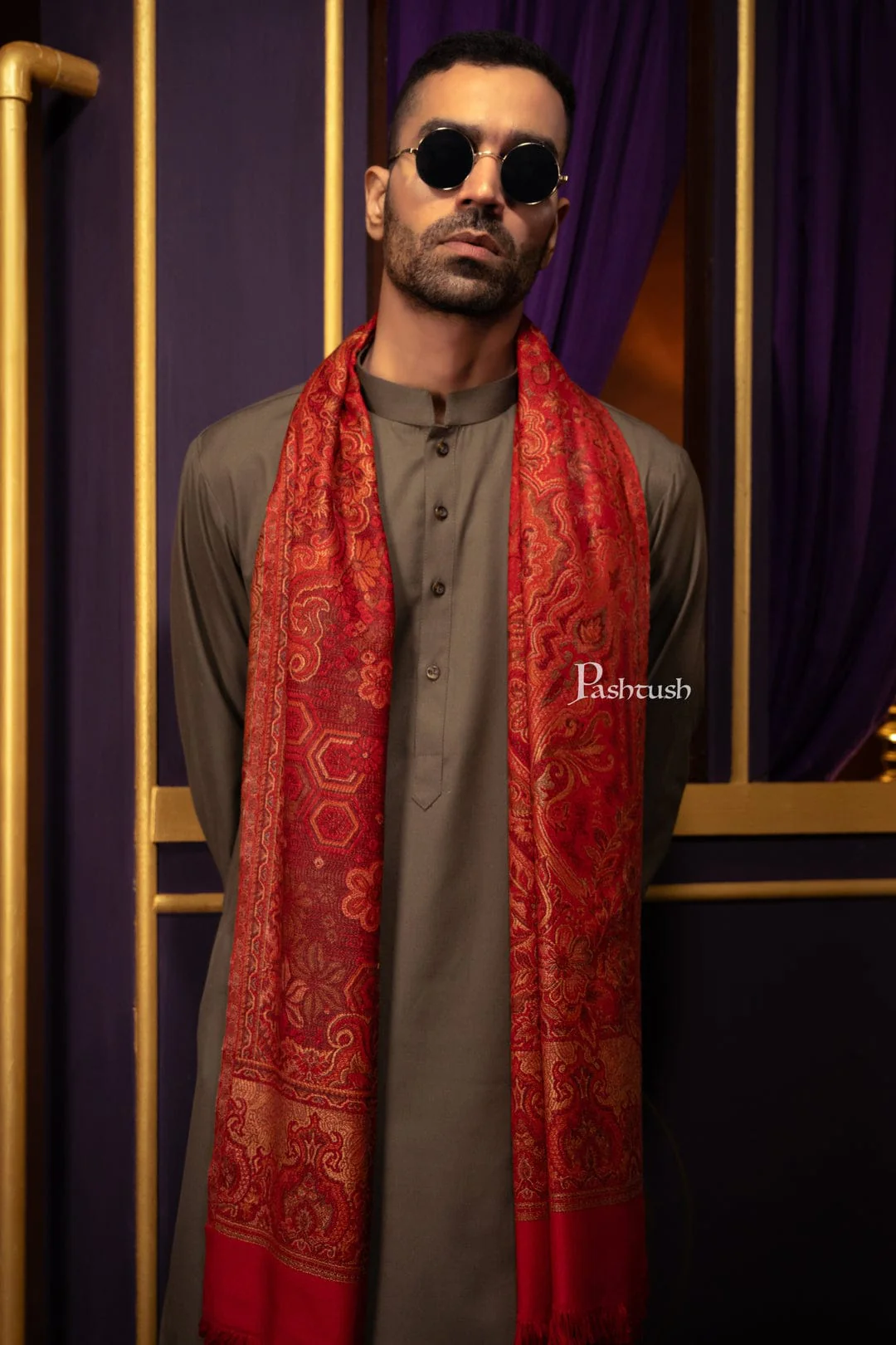 Pashtush His And Her Set Of Mens Jamawar Stole and Womens Fine Wool Stole, Premium Gift Box Packaging, Maroon and Red - Image 4