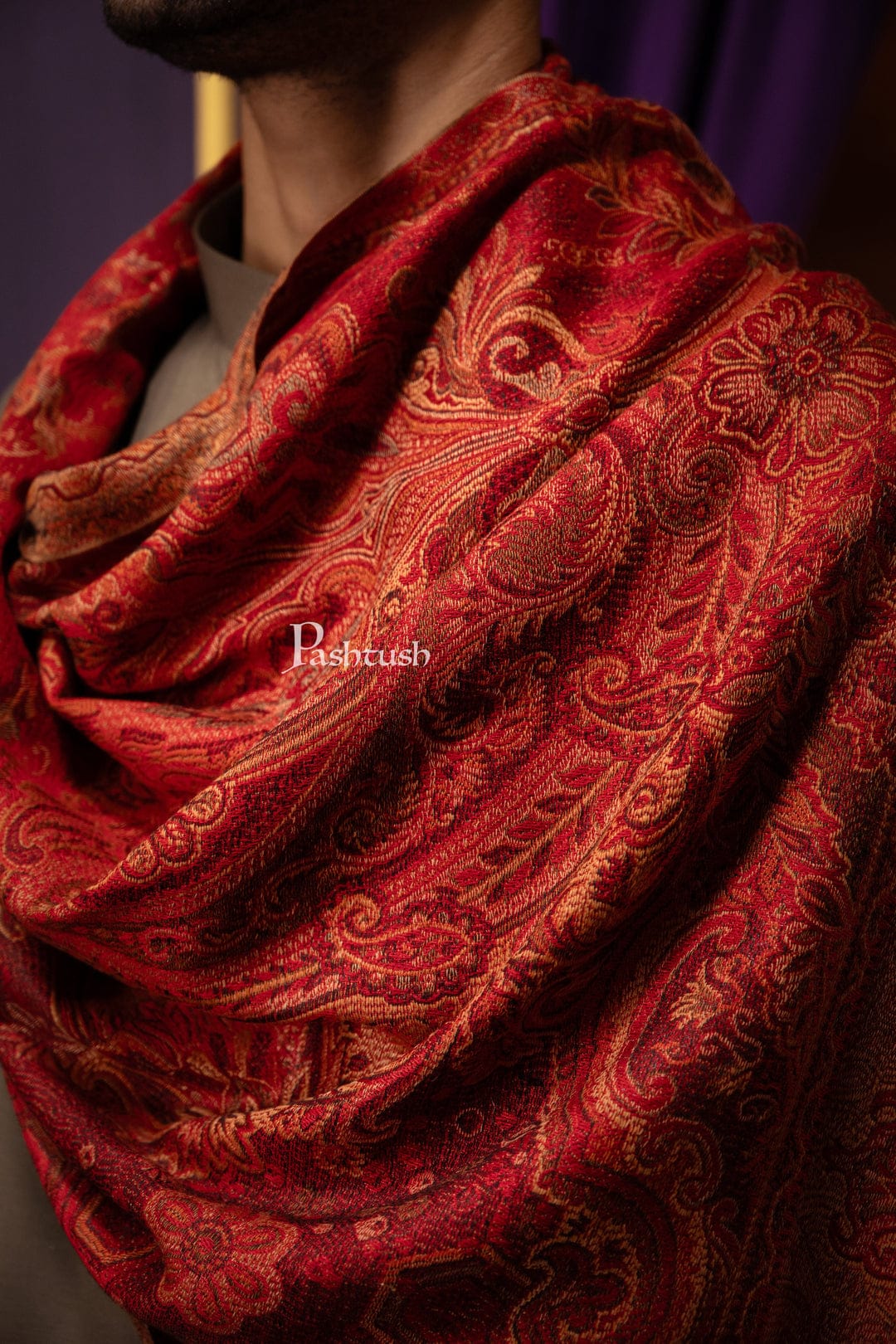 Pashtush His And Her Set Of Mens Jamawar Stole and Womens Fine Wool Stole, Premium Gift Box Packaging, Maroon and Red - Image 5