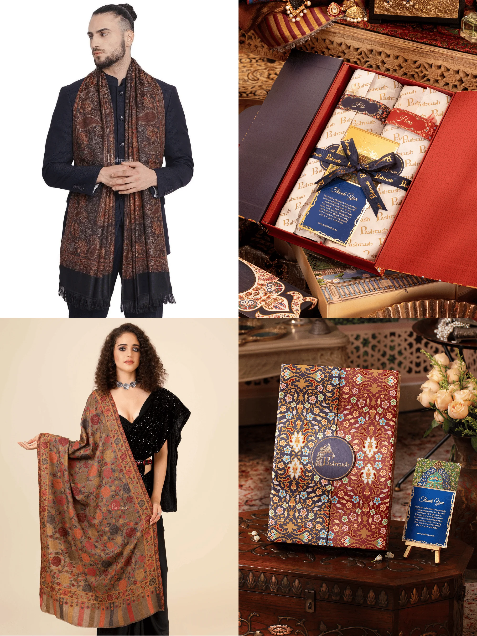 Pashtush His And Her Set Of Mens Jamawar Stole and Womens Jacquard Stole, Premium Gift Box Packaging, Black and Multicoloured