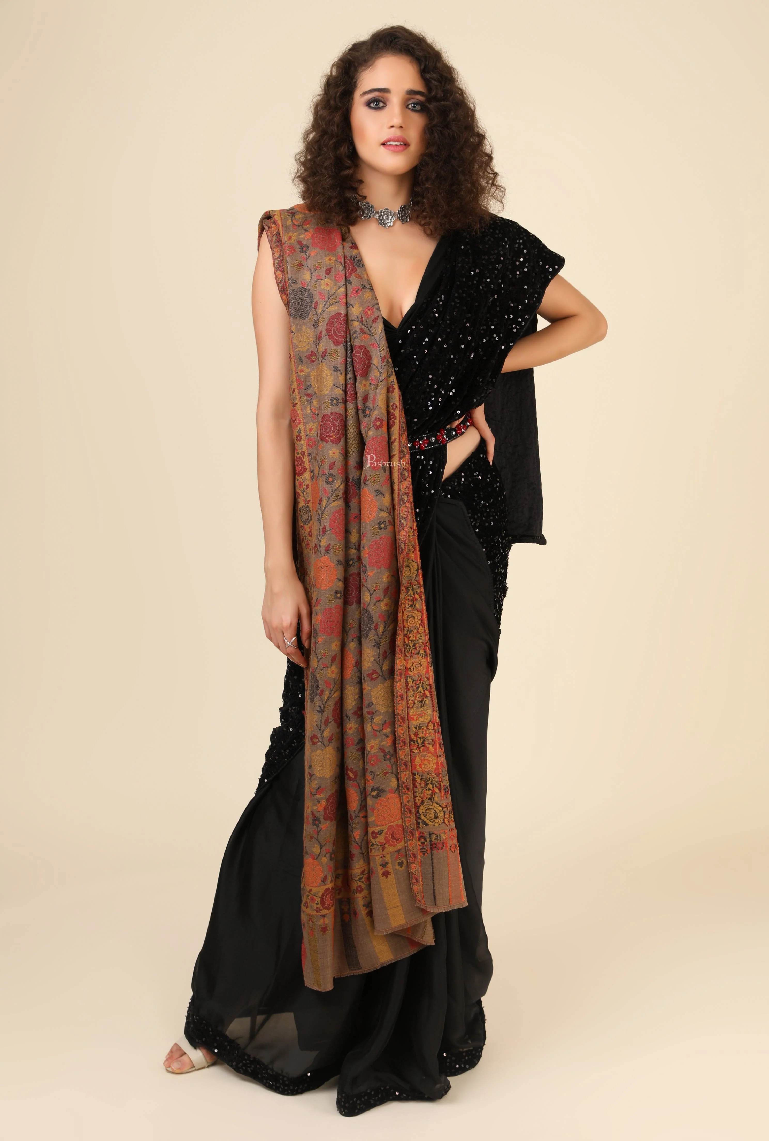 Pashtush His And Her Set Of Mens Jamawar Stole and Womens Jacquard Stole, Premium Gift Box Packaging, Black and Multicoloured - Image 10