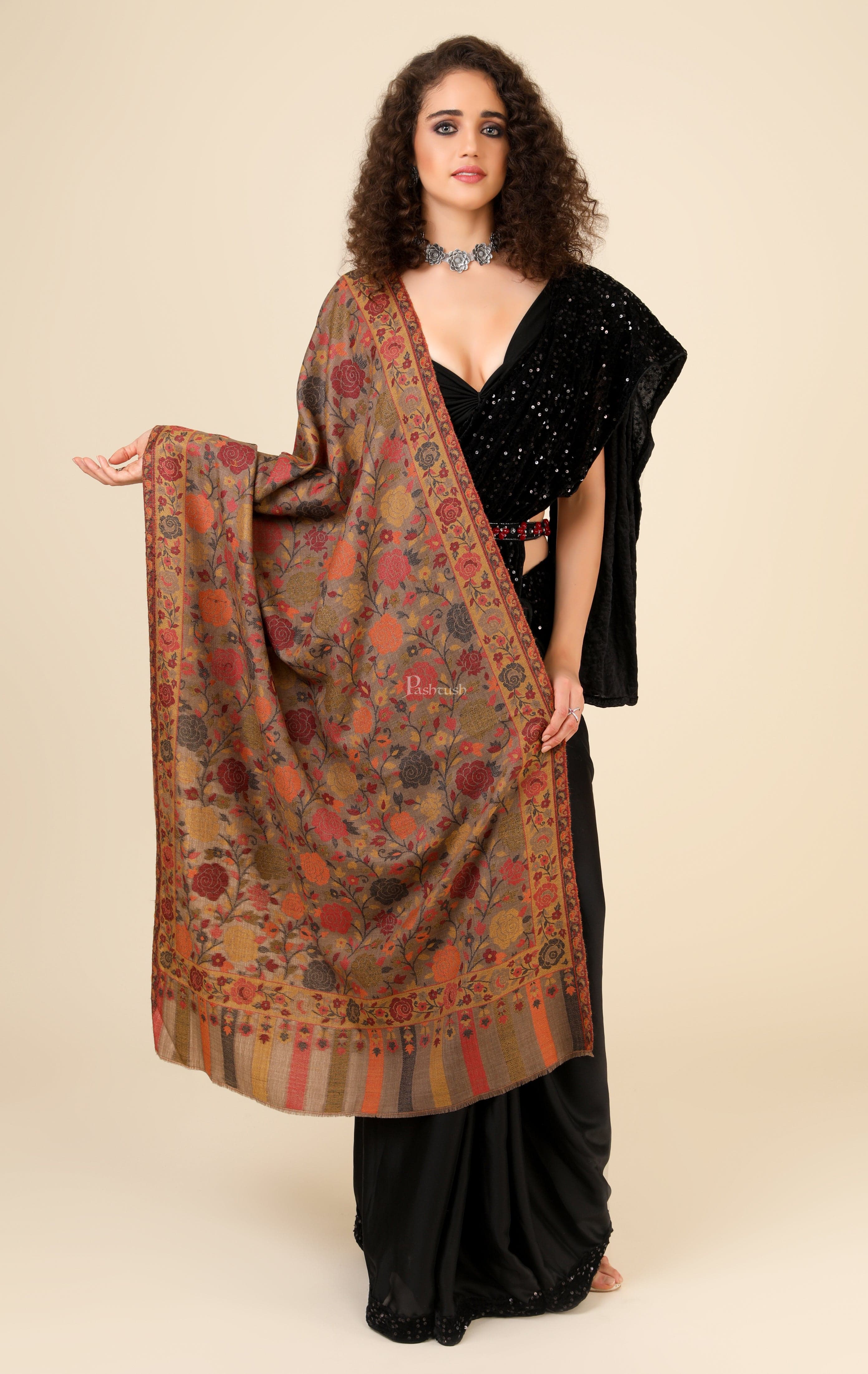 Pashtush His And Her Set Of Mens Jamawar Stole and Womens Jacquard Stole, Premium Gift Box Packaging, Black and Multicoloured - Image 8