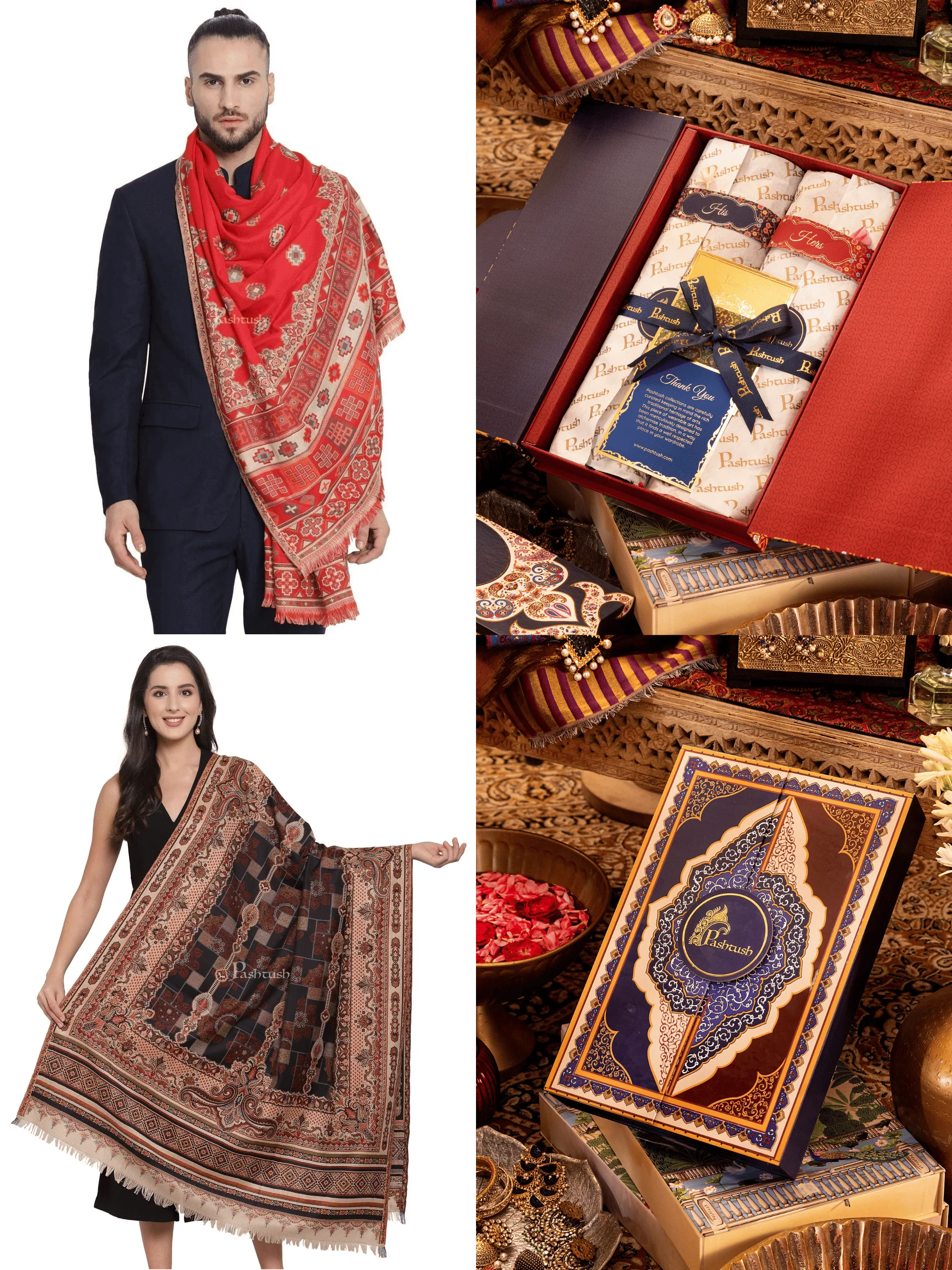 Pashtush His And Her Set Of Mens Jamawar Stole and Womens Shawl, Premium Gift Box Packaging, Maroon and Black