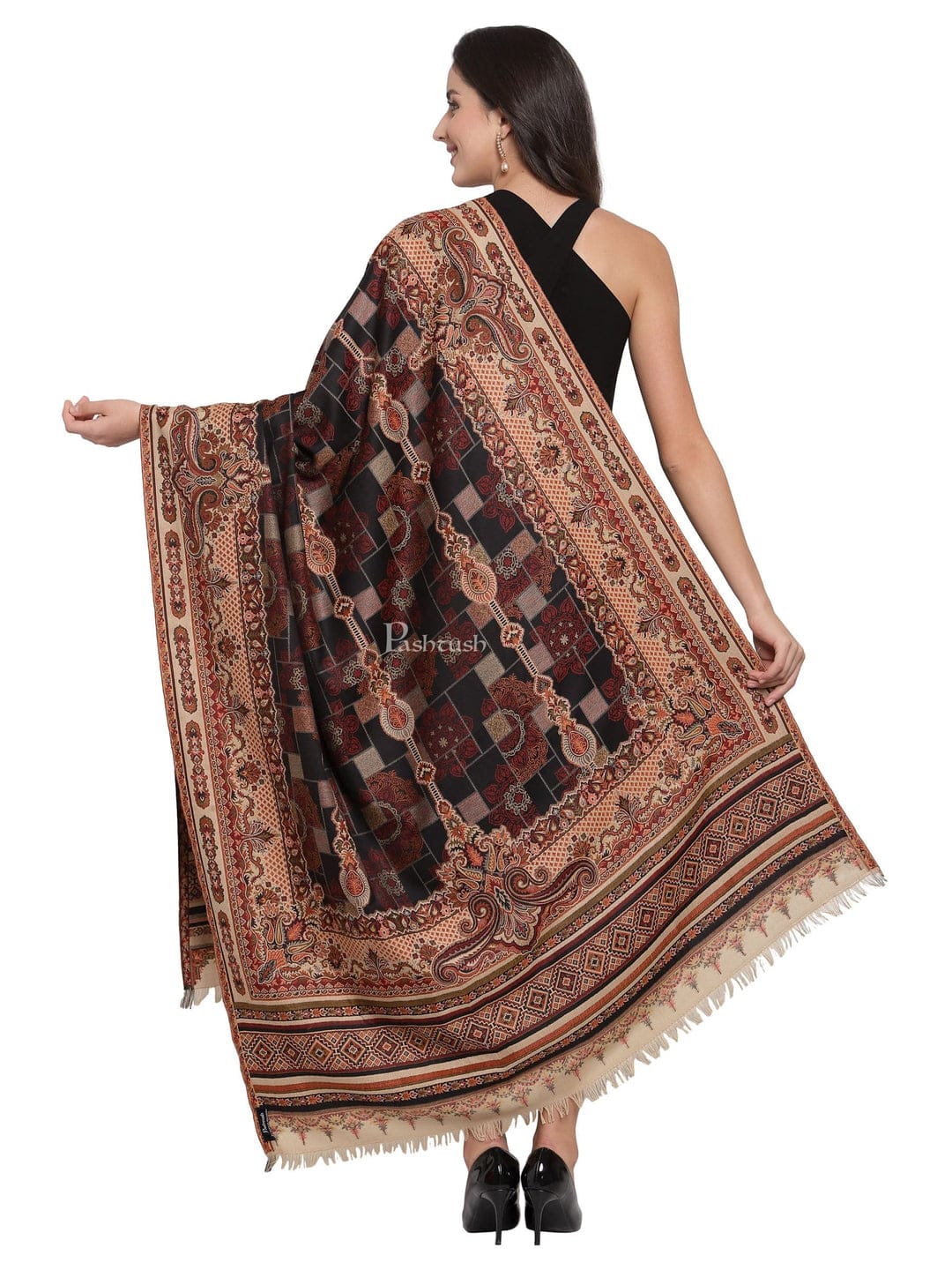 Pashtush His And Her Set Of Mens Jamawar Stole and Womens Shawl, Premium Gift Box Packaging, Maroon and Black - Image 10