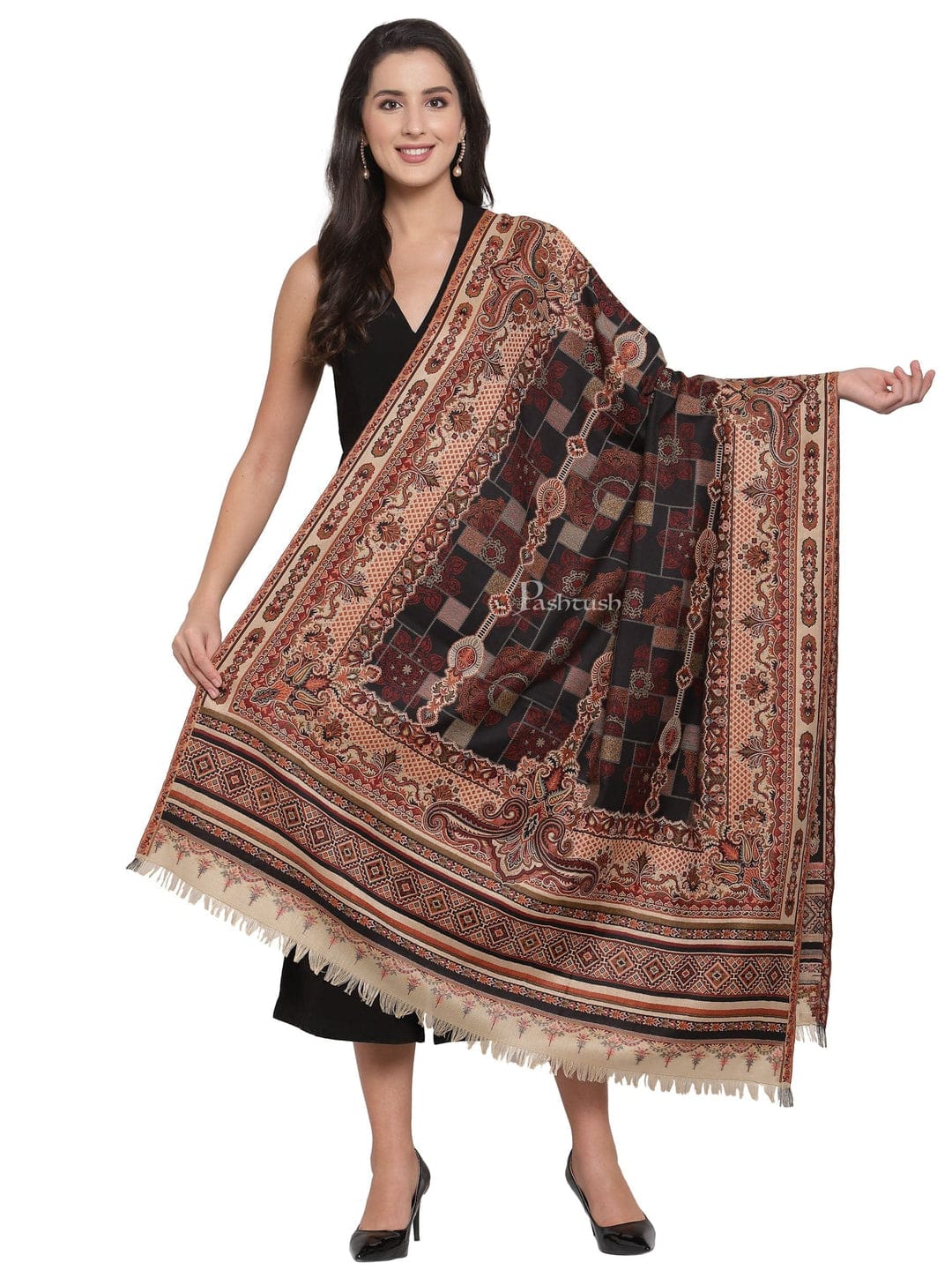 Pashtush His And Her Set Of Mens Jamawar Stole and Womens Shawl, Premium Gift Box Packaging, Maroon and Black - Image 8