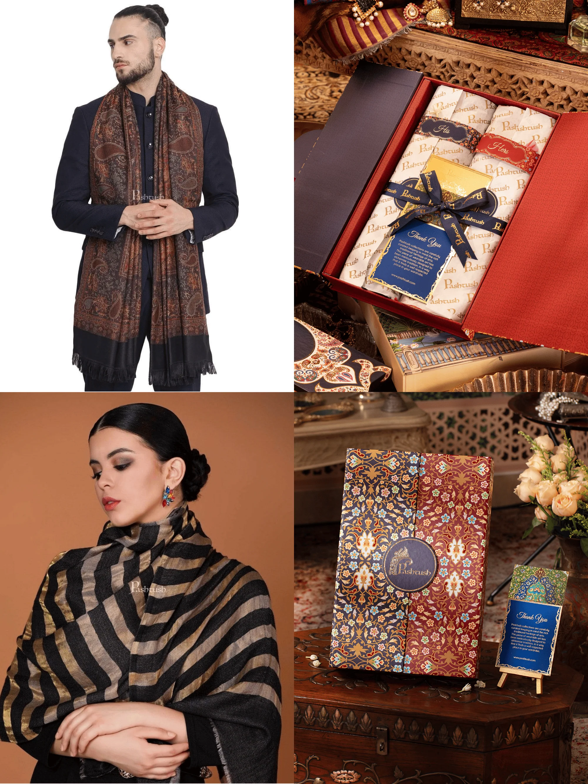 Pashtush His And Her Set Of Mens Jamawar Stole and Womens Twilight Stole, Premium Gift Box Packaging, Black