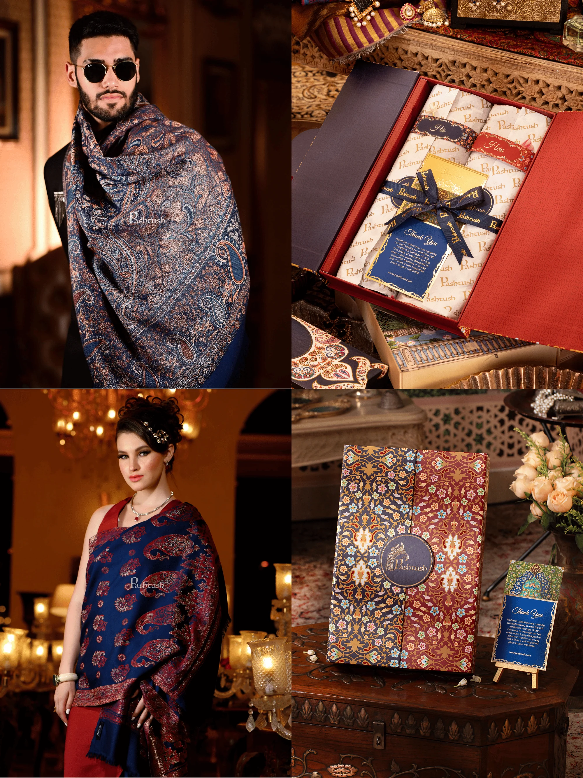 Pashtush His And Her Set Of Mens Jamawar Stole and Womens Twilight Stole, Premium Gift Box Packaging, Navy Blue