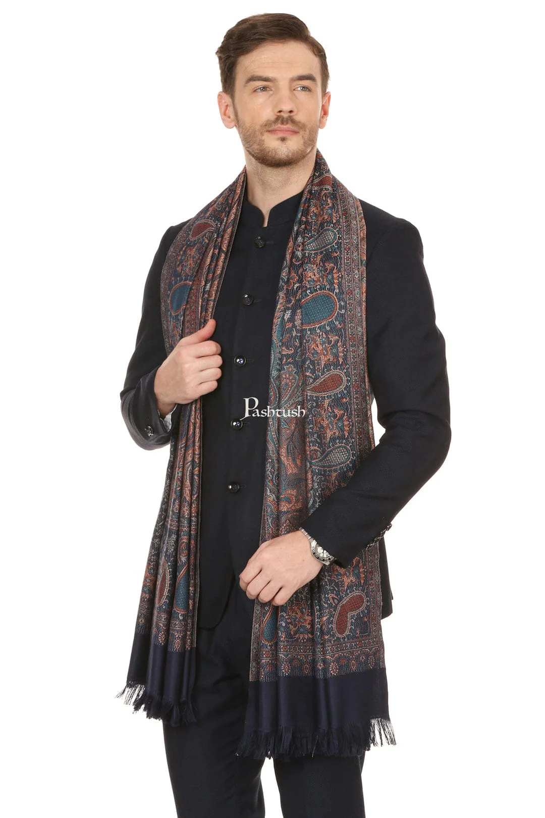 Pashtush His And Her Set Of Mens Jamawar Stole and Womens Bamboo Stole, Premium Gift Box Packaging, Navy Blue and Multicolour - Image 3