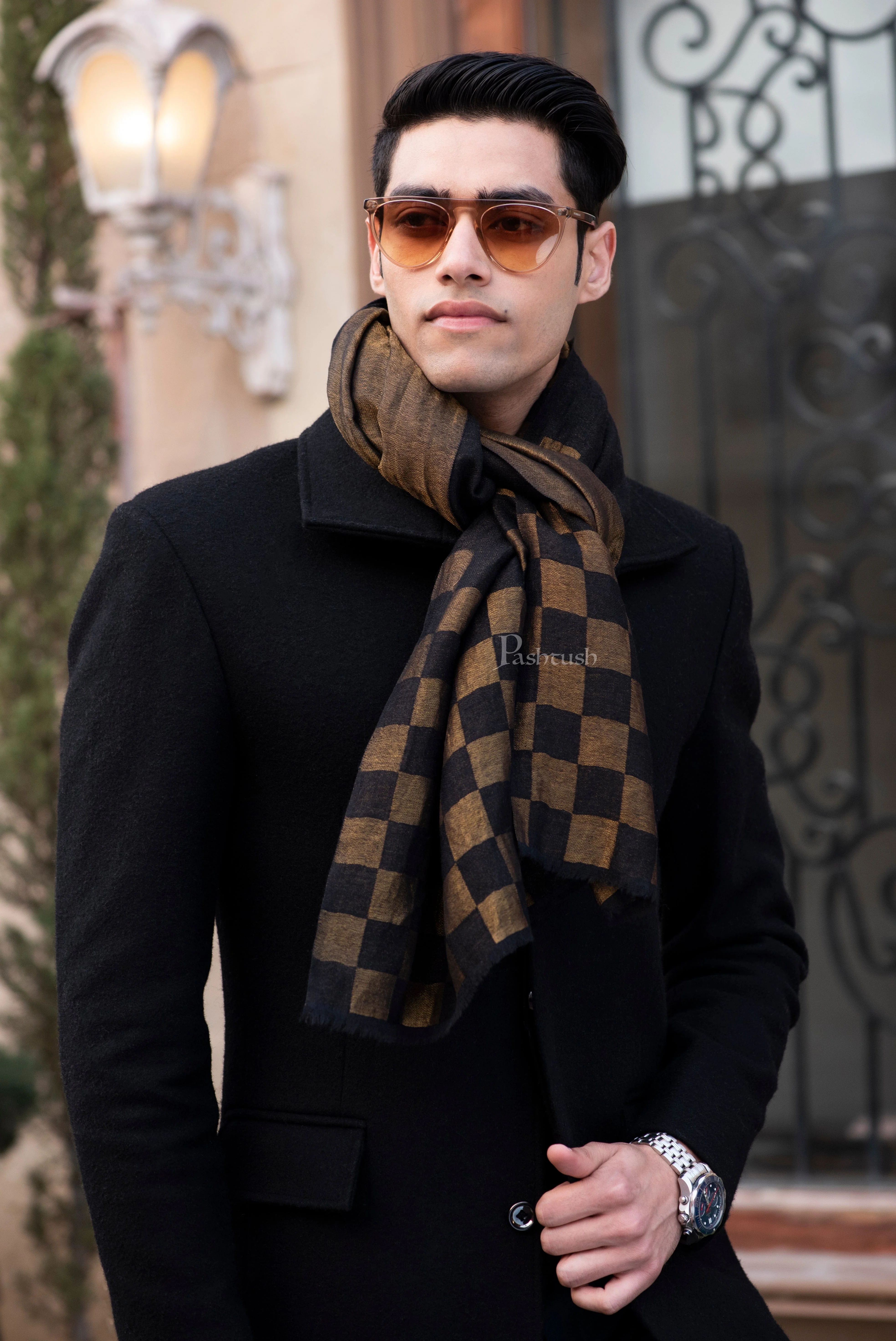 Pashtush His And Her Set Of Twilight Checkered Stole and Paisley Weave Shawl With Premium Gift Box Packaging, Black and Ivory - Image 6