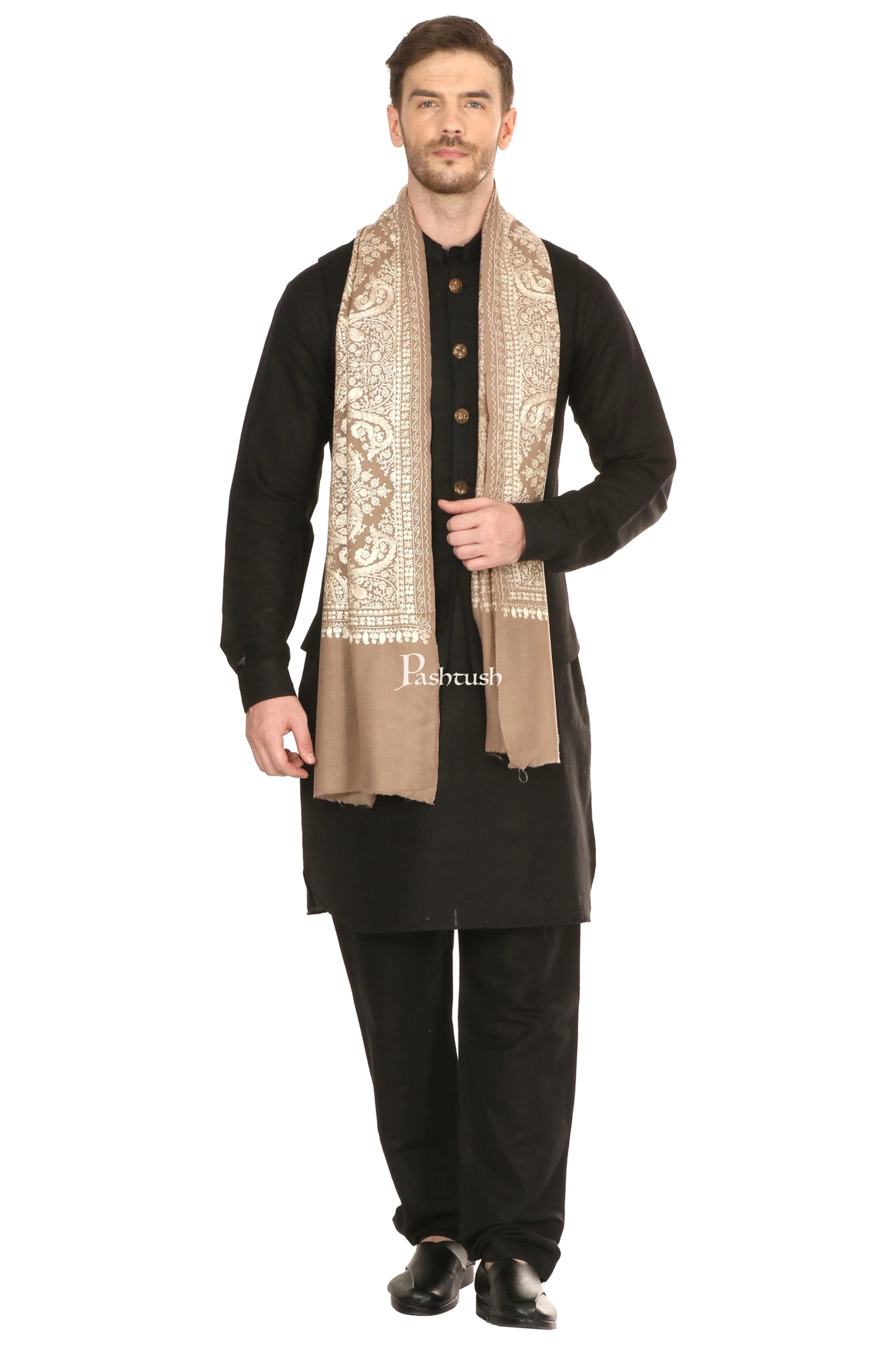Pashtush His And Her Set Of Nalki Embroidery Stoles With Premium Gift Box Packaging, Beige and Red - Image 3