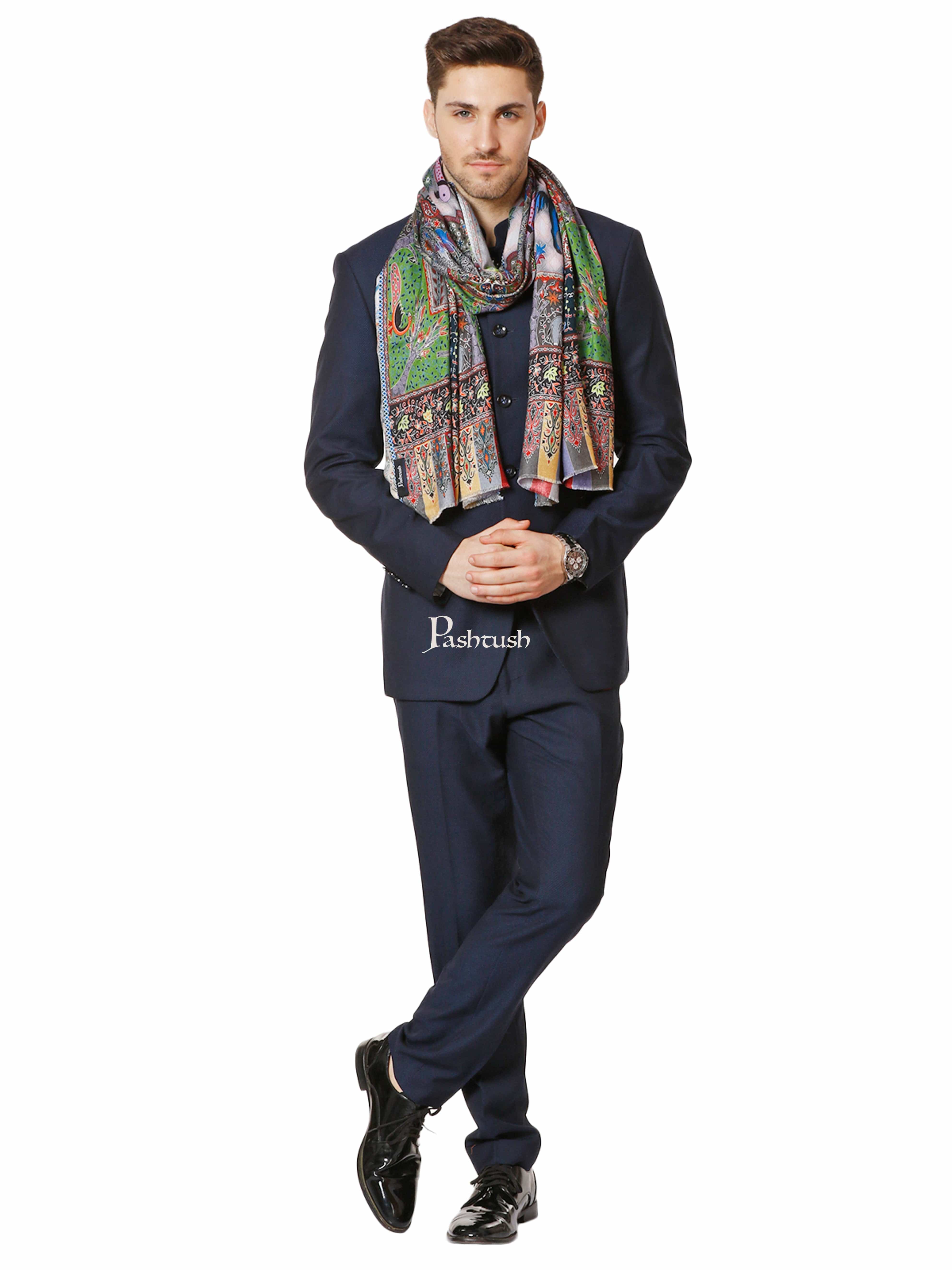 Pashtush His And Her Set Of Printed Bamboo Stole and Fine Wool Embroidery Shawl With Premium Gift Box Packaging, Multicolour and Green - Image 7