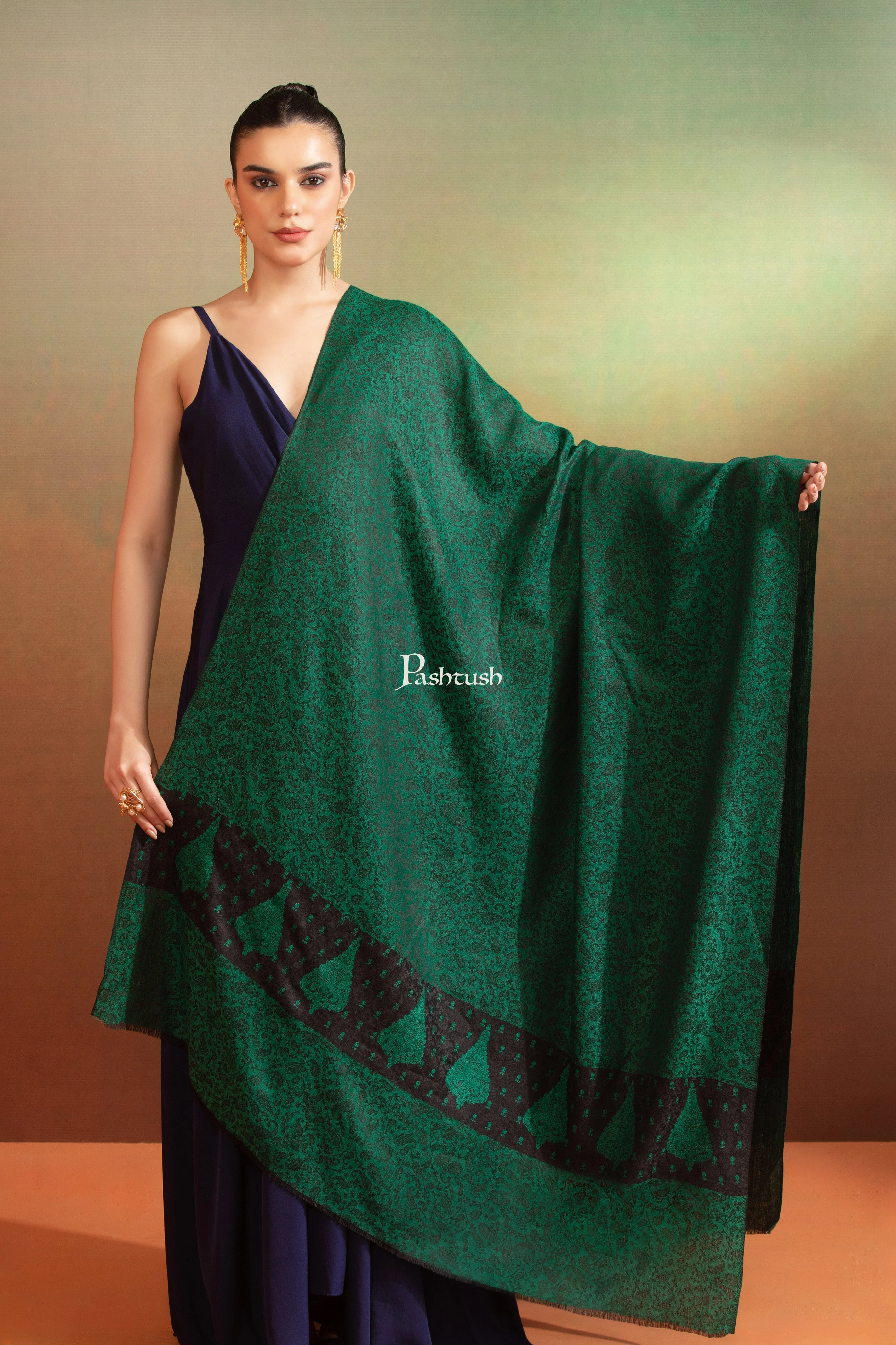 Pashtush His And Her Set Of Printed Bamboo Stole and Fine Wool Embroidery Shawl With Premium Gift Box Packaging, Multicolour and Green - Image 8