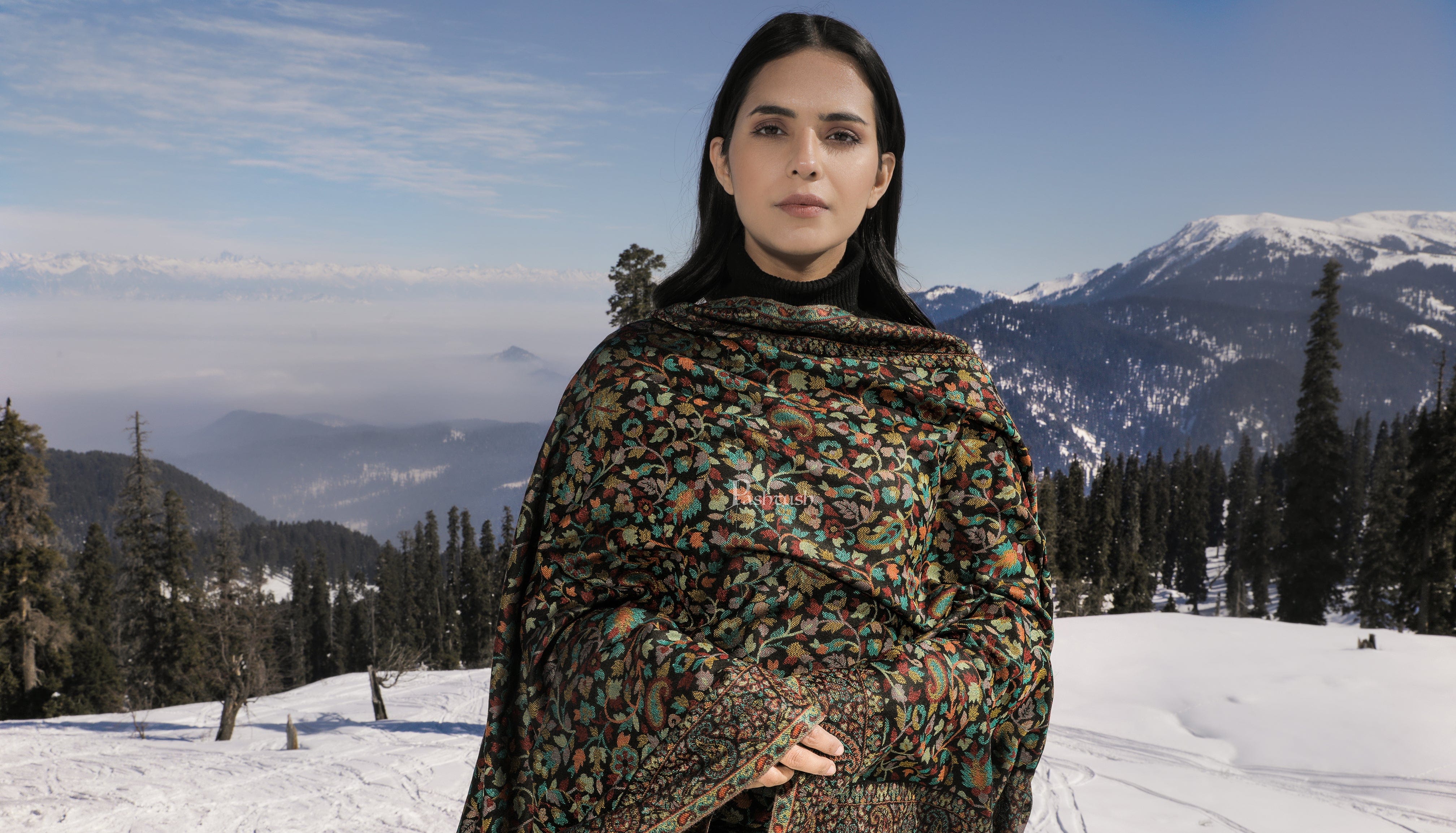 Pashtush His And Her Set Of Pure Wool Shawl and Ethnic Weave Shawl With Wooden Chester Box, Beige and Multi colour - Image 10