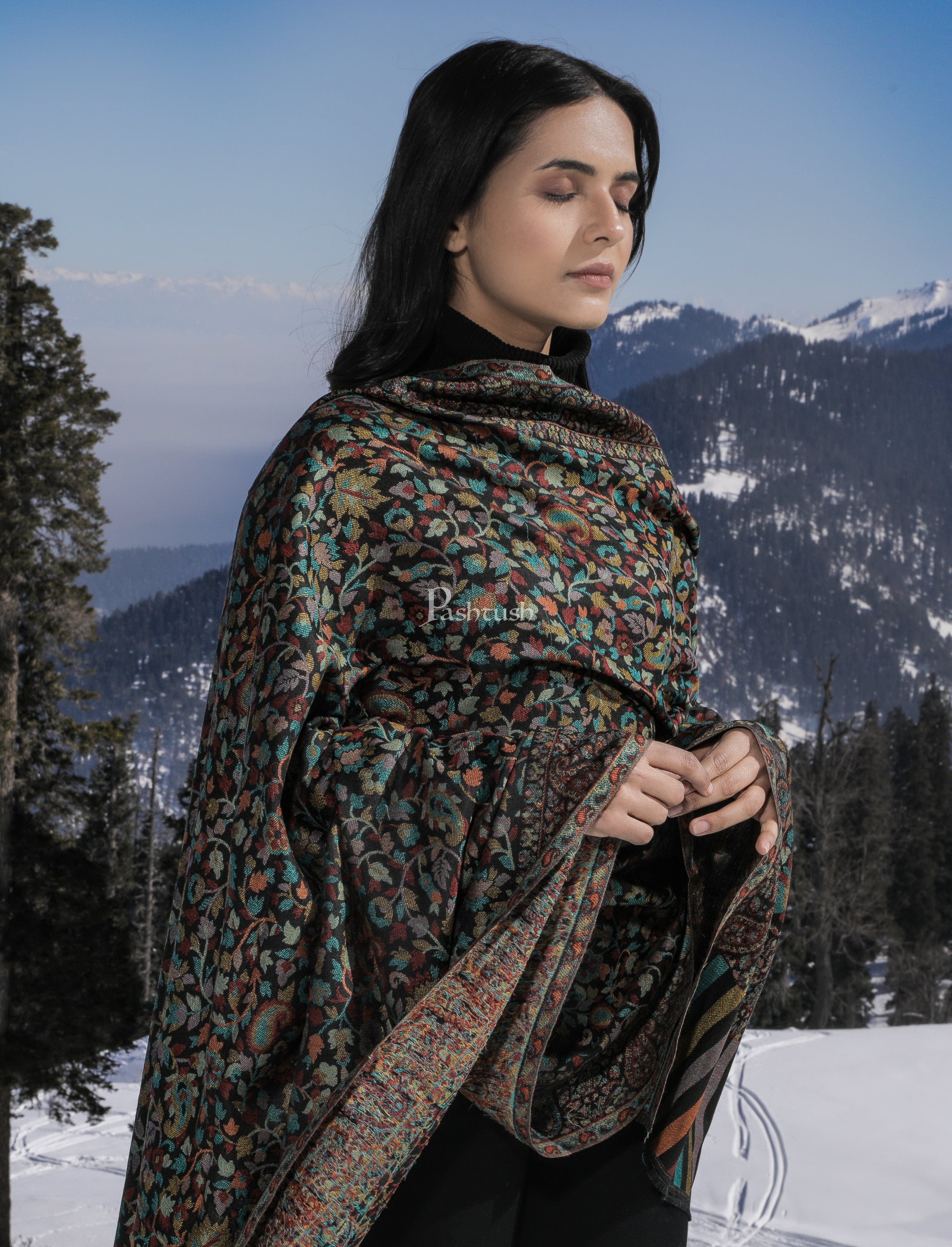Pashtush His And Her Set Of Pure Wool Shawl and Ethnic Weave Shawl With Wooden Chester Box, Beige and Multi colour - Image 6
