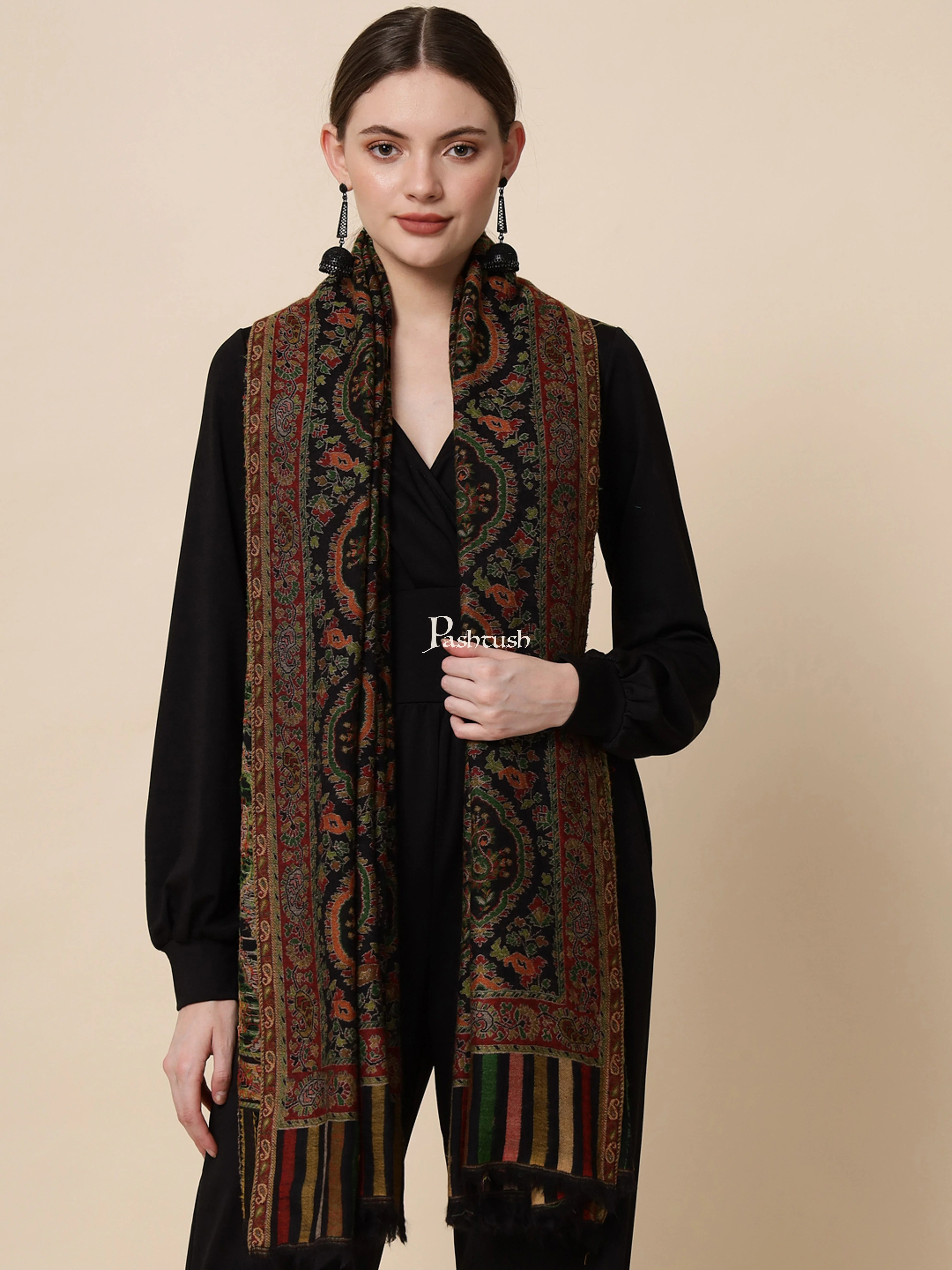 Pashtush His And Her Set Of Pure Wool Shawl and Pure Ethnic Weave Shawl With Wooden Chester Box, Beige and Multi colour - Image 11