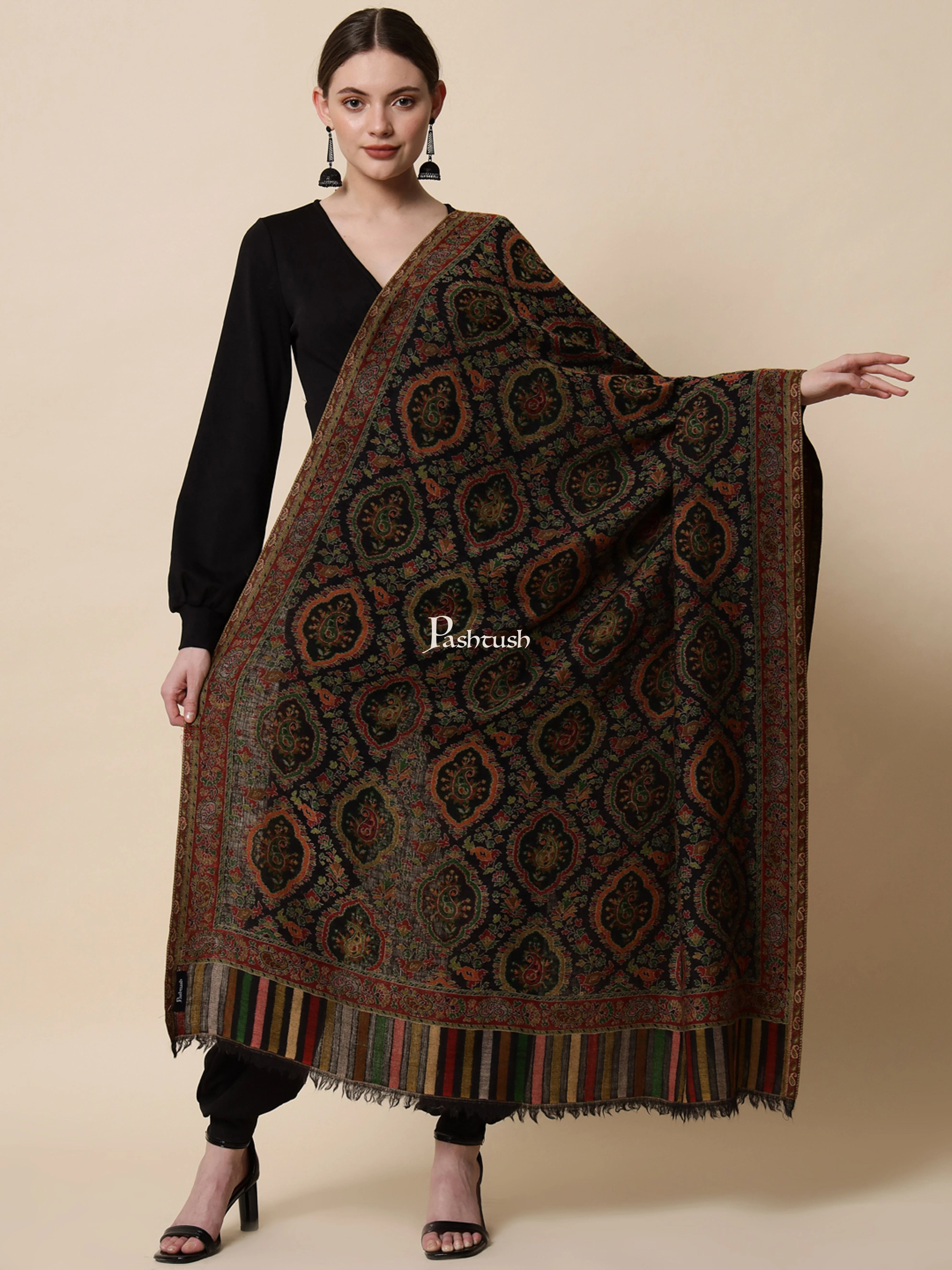 Pashtush His And Her Set Of Pure Wool Shawl and Pure Ethnic Weave Shawl With Wooden Chester Box, Beige and Multi colour - Image 9