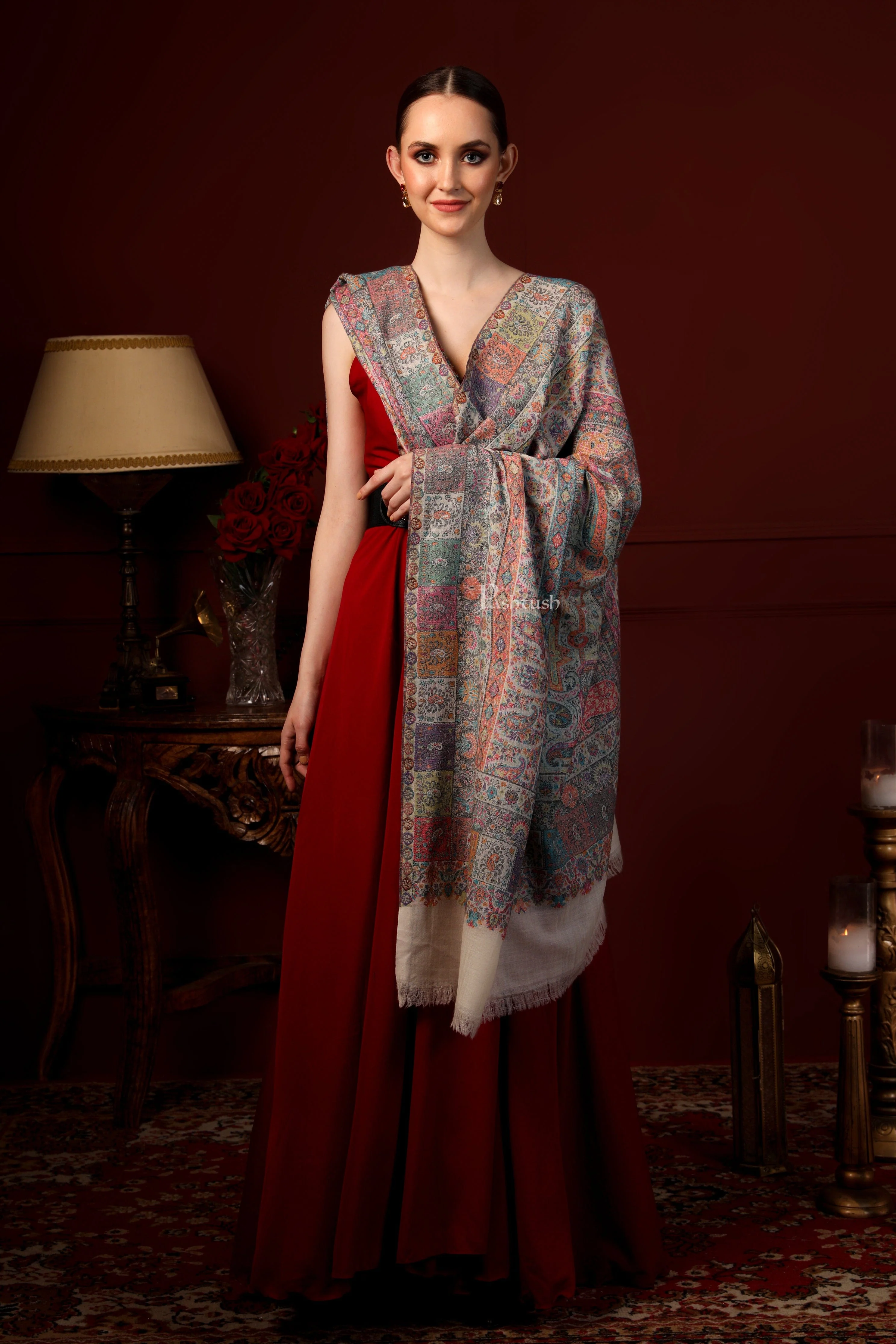 Pashtush His And Her Set Of Reversible Pure Wool Stole and Pure Ethnic Weave Shawl With Wooden Chester Box, Multi Colour - Image 9