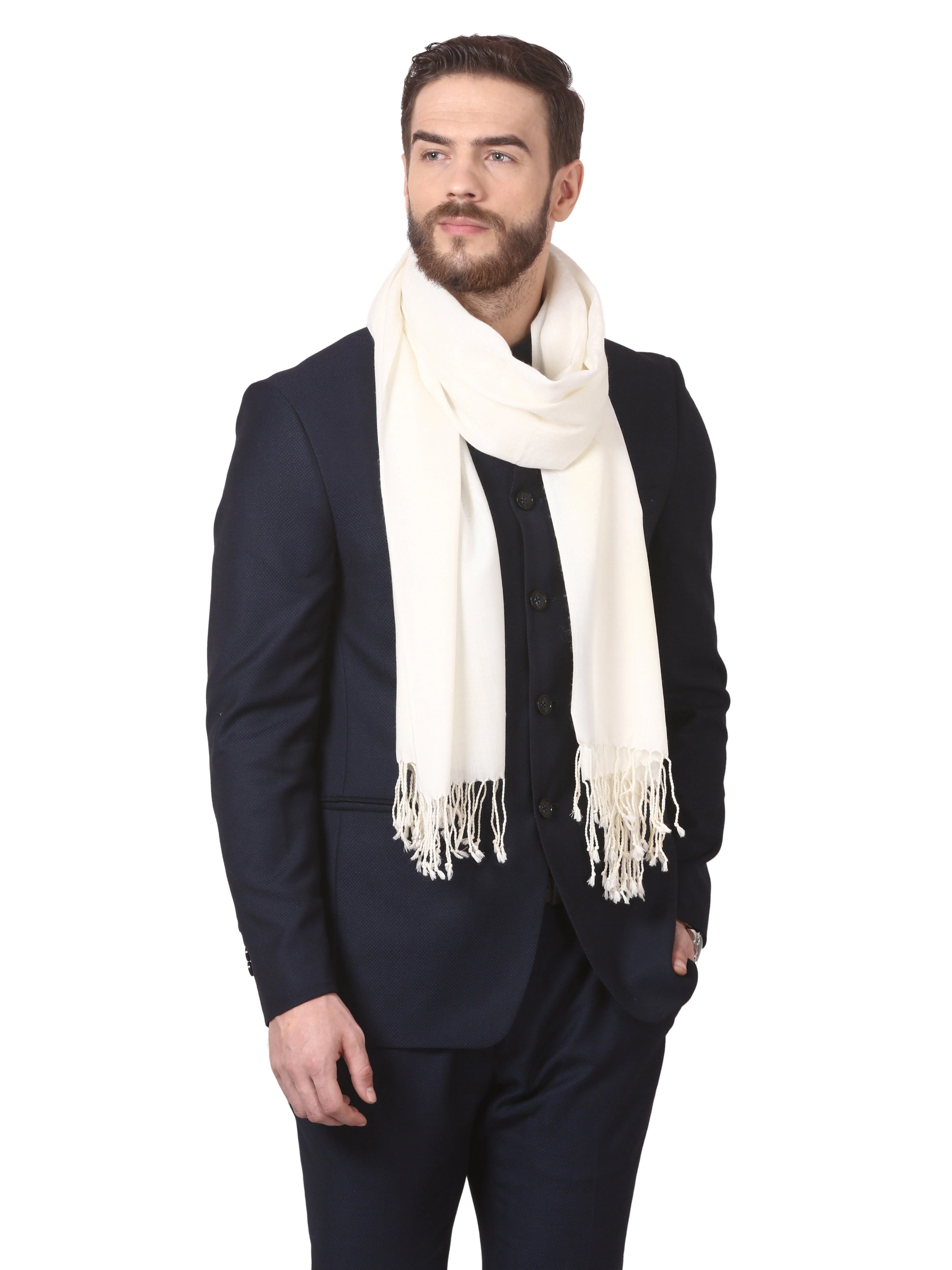Pashtush His And Her Set Of Self and Bamboo Print Stoles With Premium Gift Box Packaging, Ivory and Multi Colour - Image 6