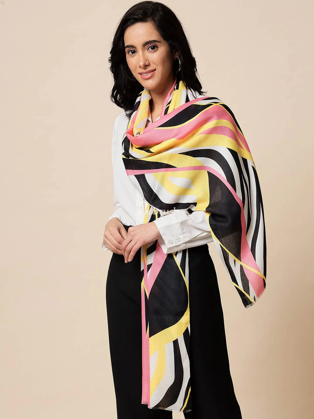 Pashtush His And Her Set Of Self and Bamboo Print Stoles With Premium Gift Box Packaging, Ivory and Multi Colour - Image 8