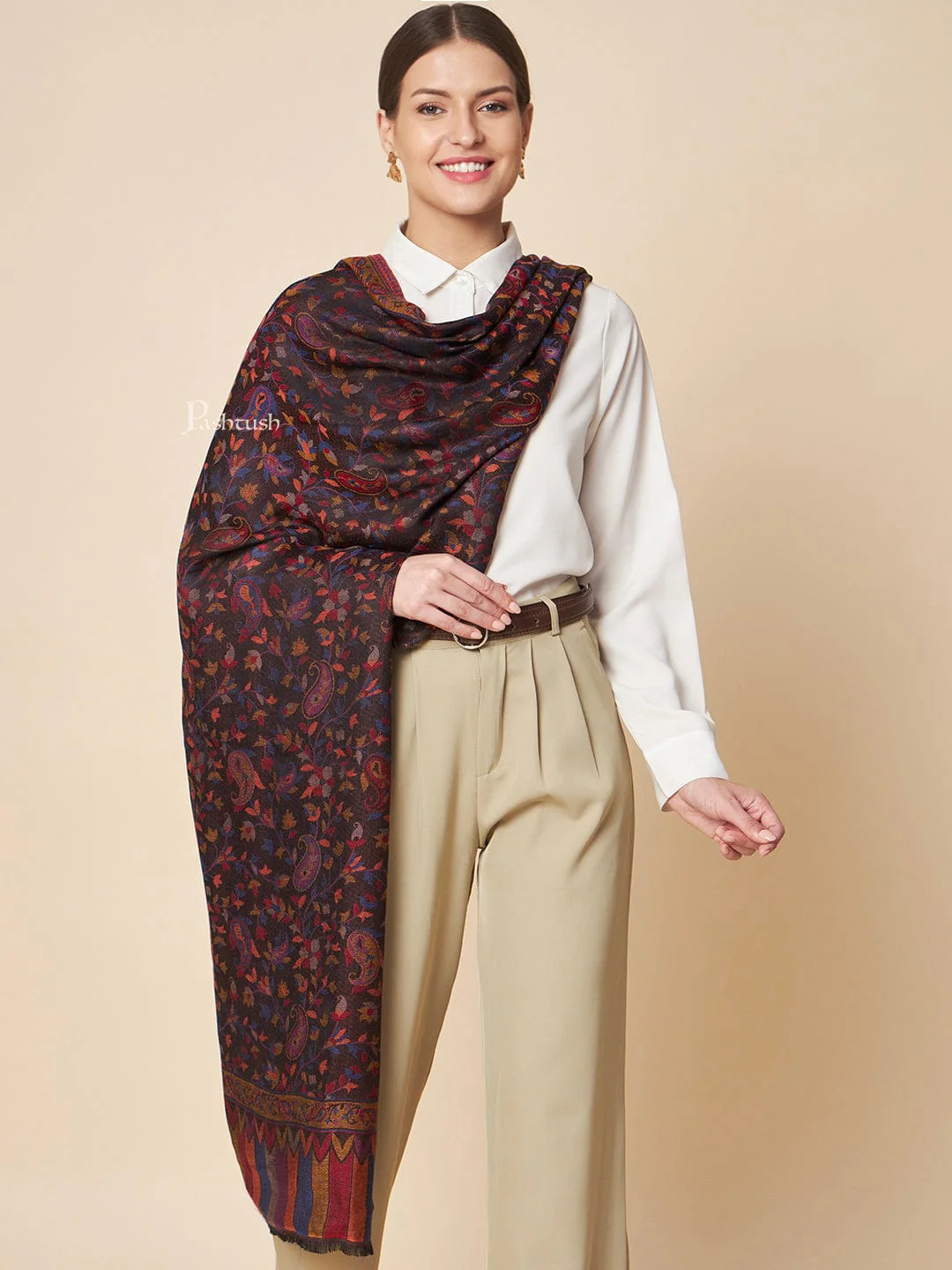 Pashtush His And Her Set Of Self Fine Wool and Ethnic Bamboo Stoles With Premium Gift Box Packaging, Taupe and Multicolour - Image 11