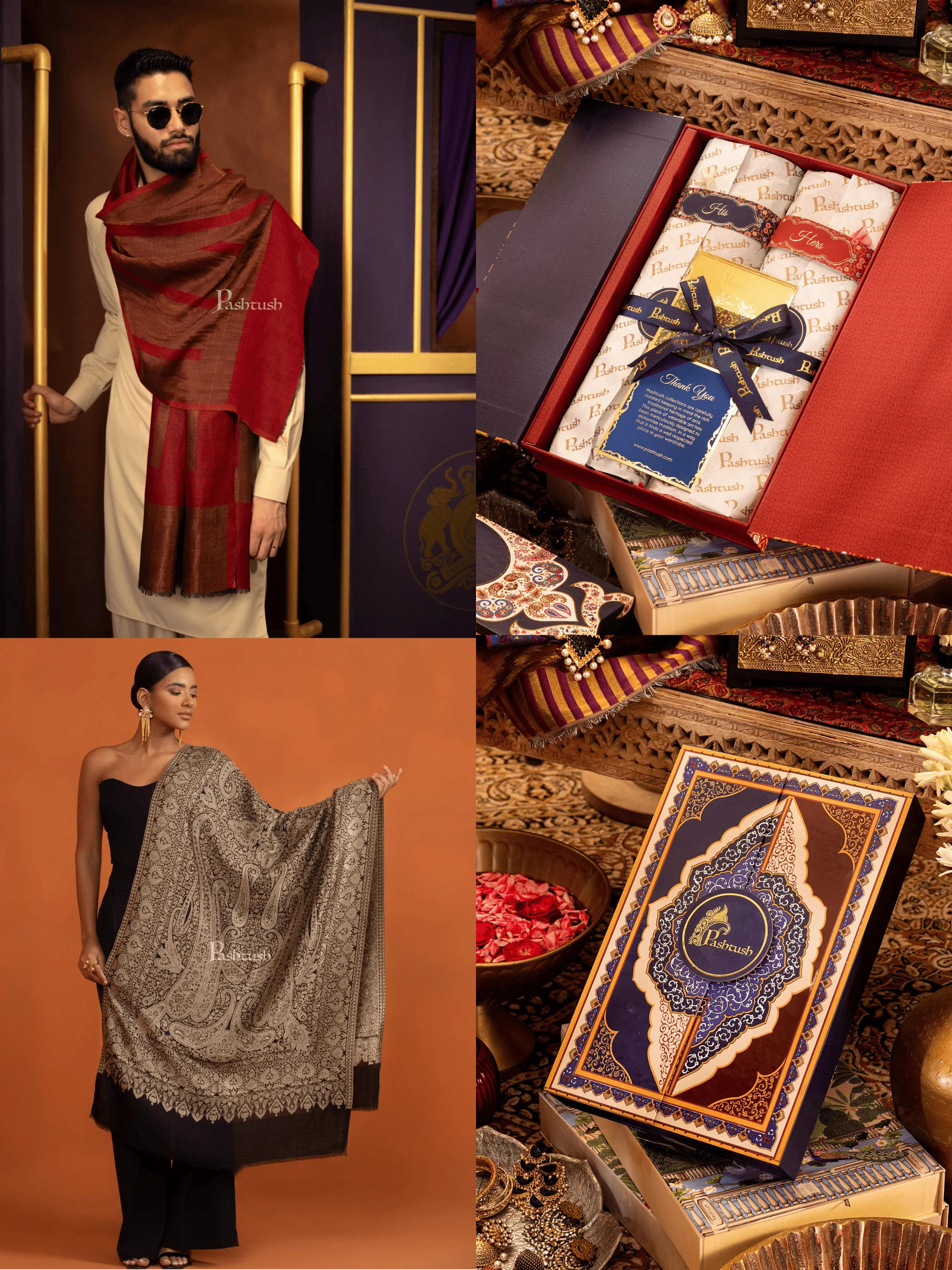 Pashtush His And Her Set Of Twilight Stoles, Premium Gift Box Packaging, Maroon and Black