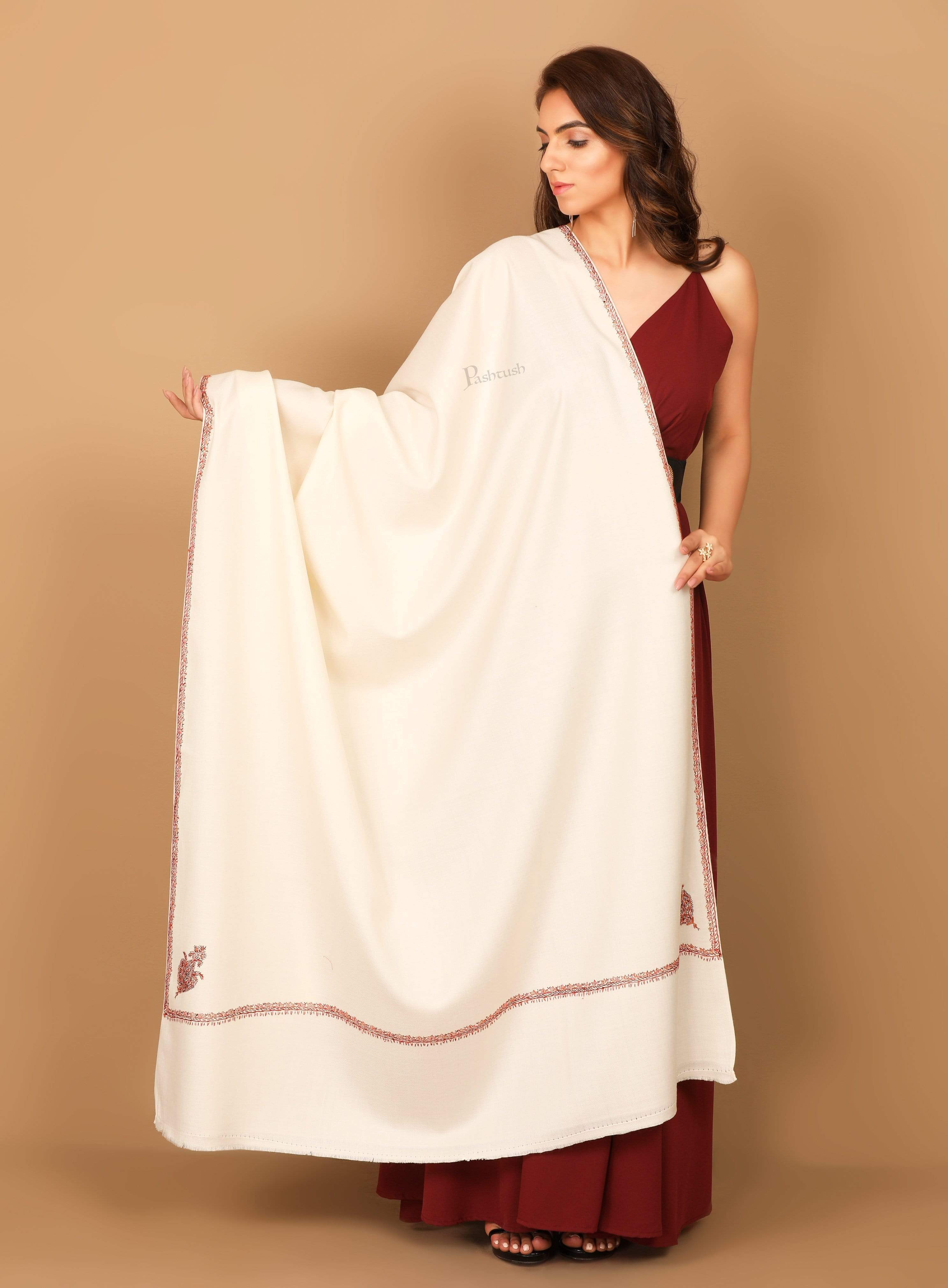 Pashtush Womens 100% Hand Embroidery Shawl Woollen Kingri , White