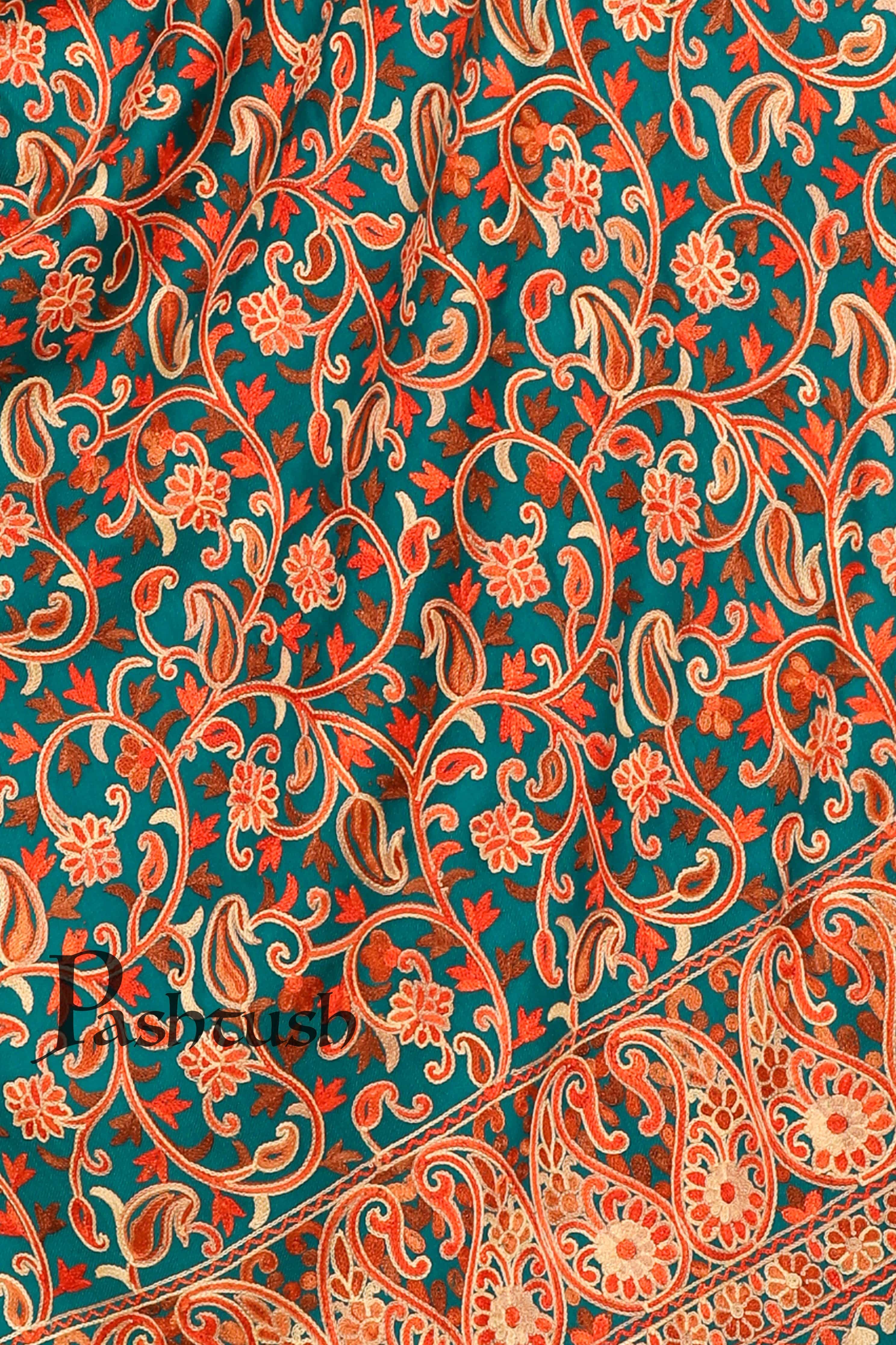 Pashtush Aari Embroidery Stole, Woollen, Arabic Blue - Image 2