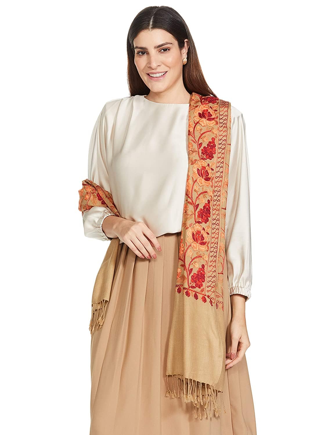 Pashtush Womens Aari Embroidery Stole Pervian Roses, Gulaabdar Beige - Image 7