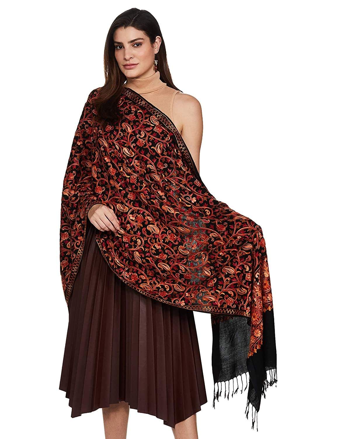 Pashtush Aari Embroidery Stole, Fine Wool, Black - Image 4