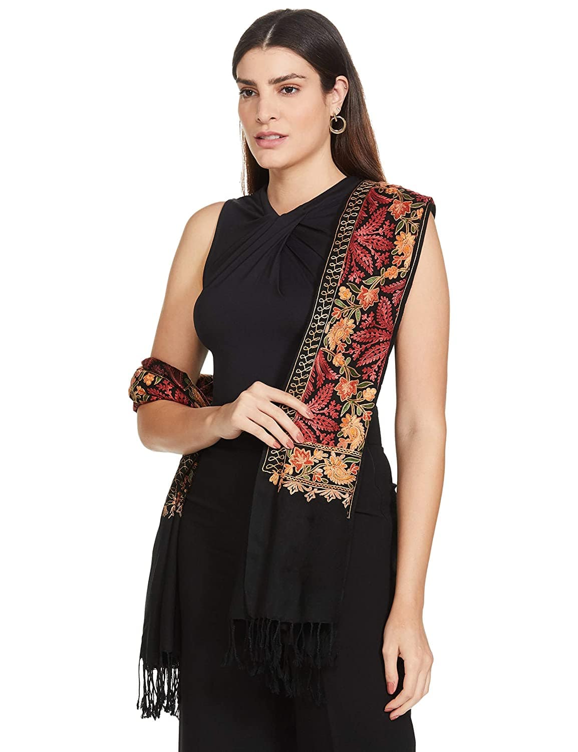 Pashtush Aari Embroidery Stole, Fine Wool, Black - Image 8