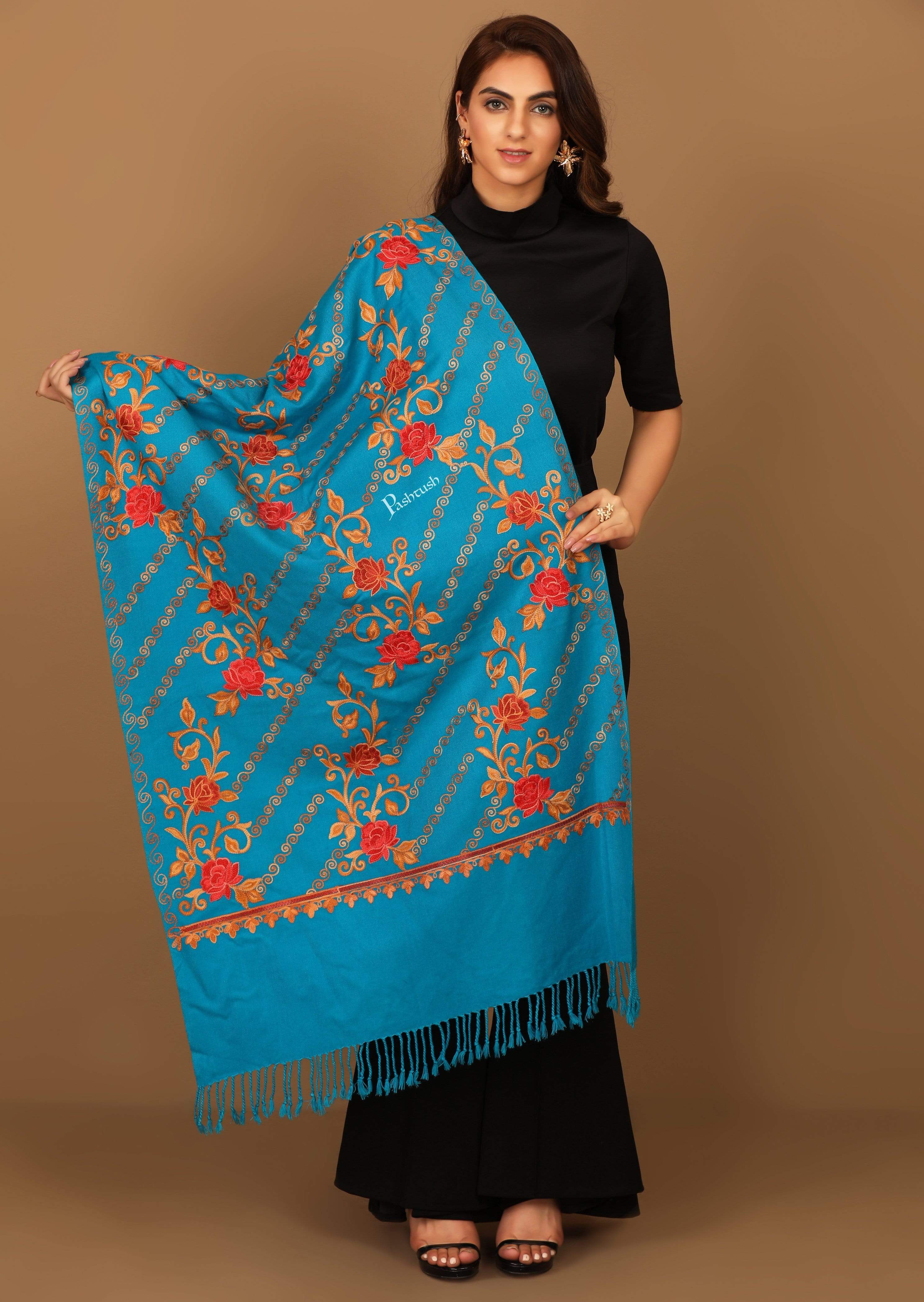 Pashtush Aari Embroidery Stole, Blue - Image 3