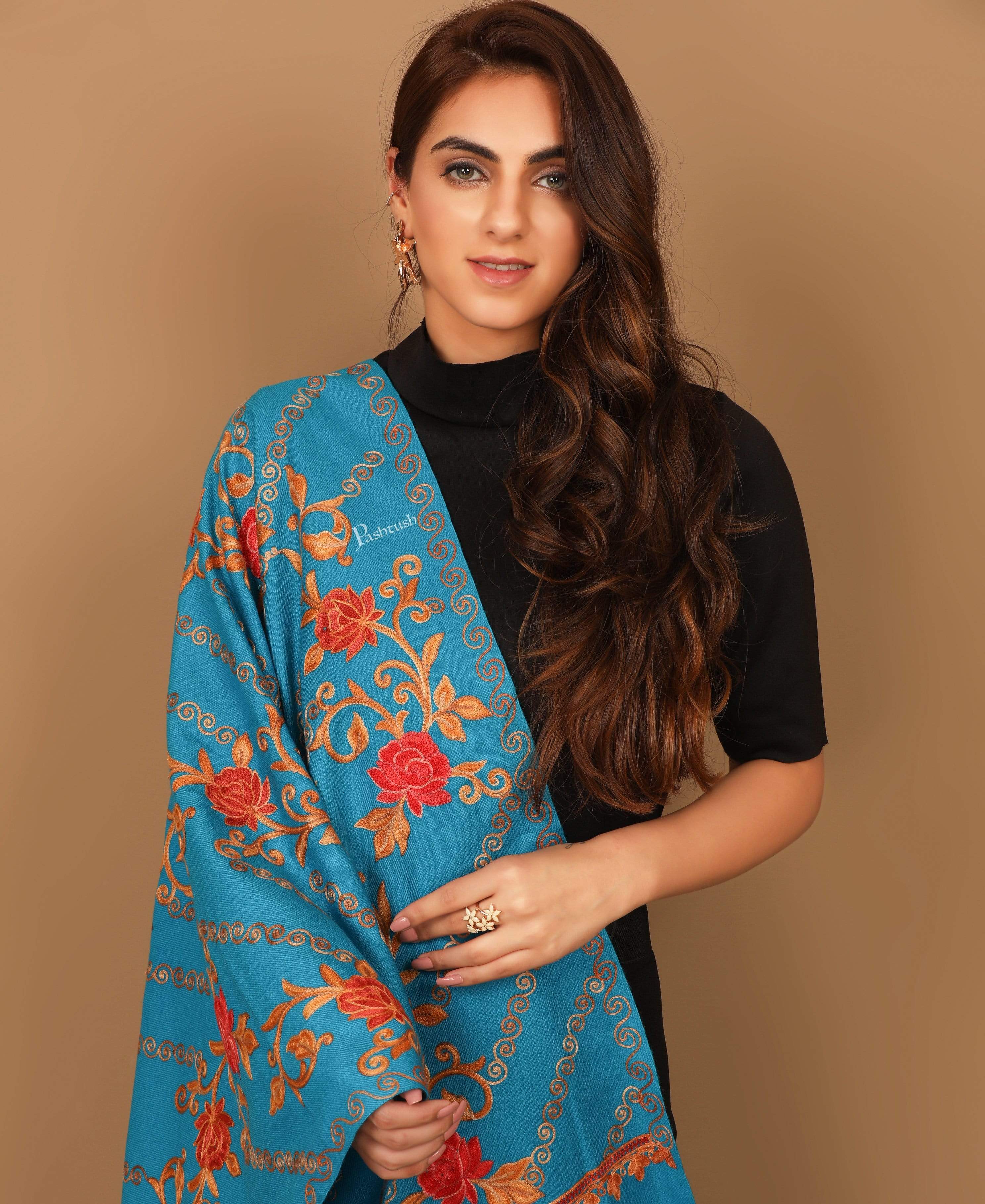 Pashtush Aari Embroidery Stole, Blue - Image 5
