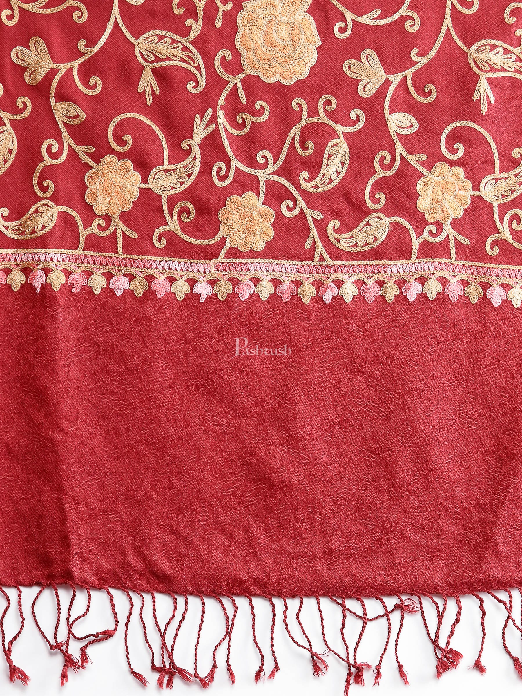 Pashtush Aari Embroidery Stole, Fine Wool, Maroon - Image 2