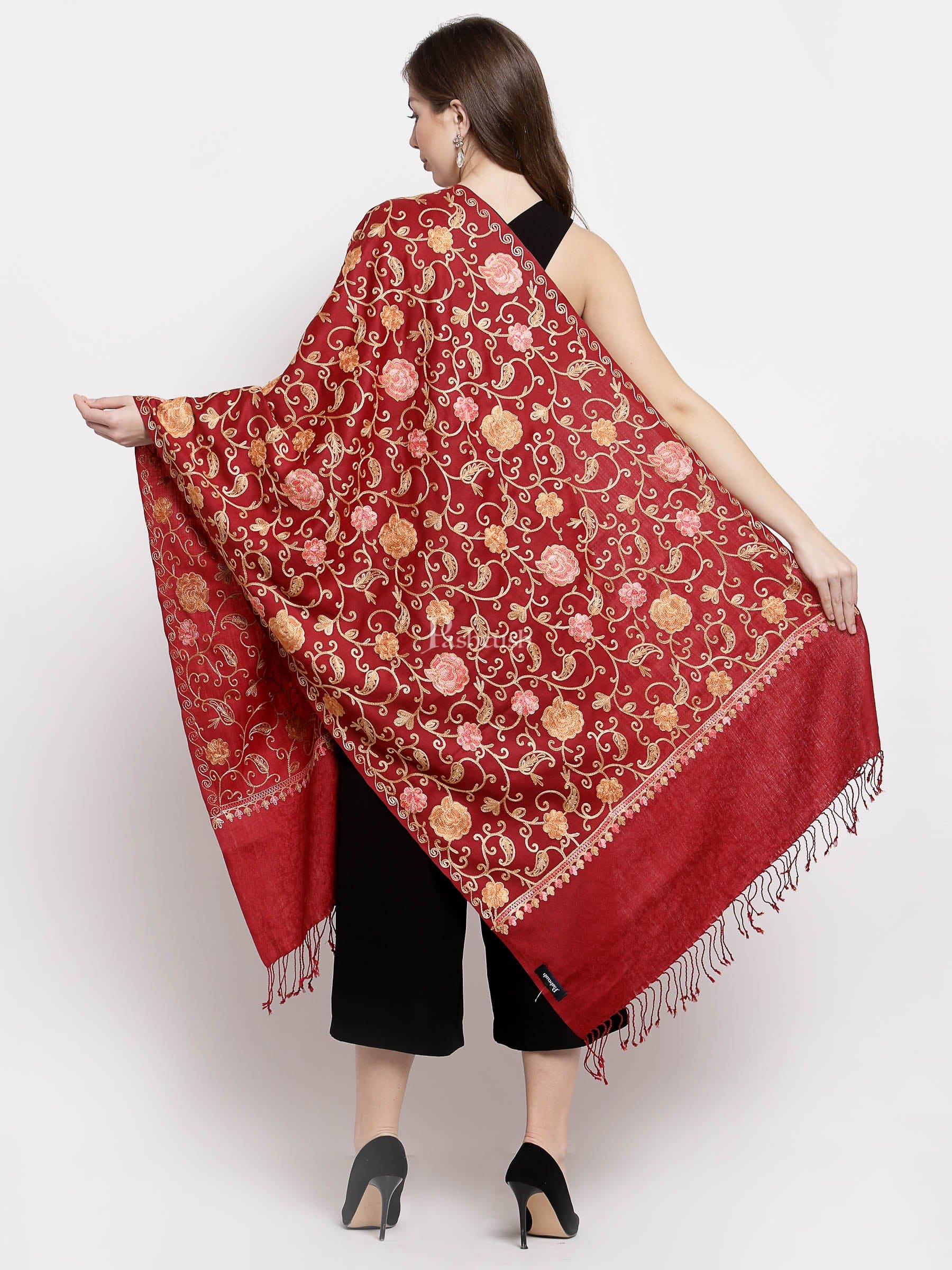 Pashtush Aari Embroidery Stole, Fine Wool, Maroon - Image 3