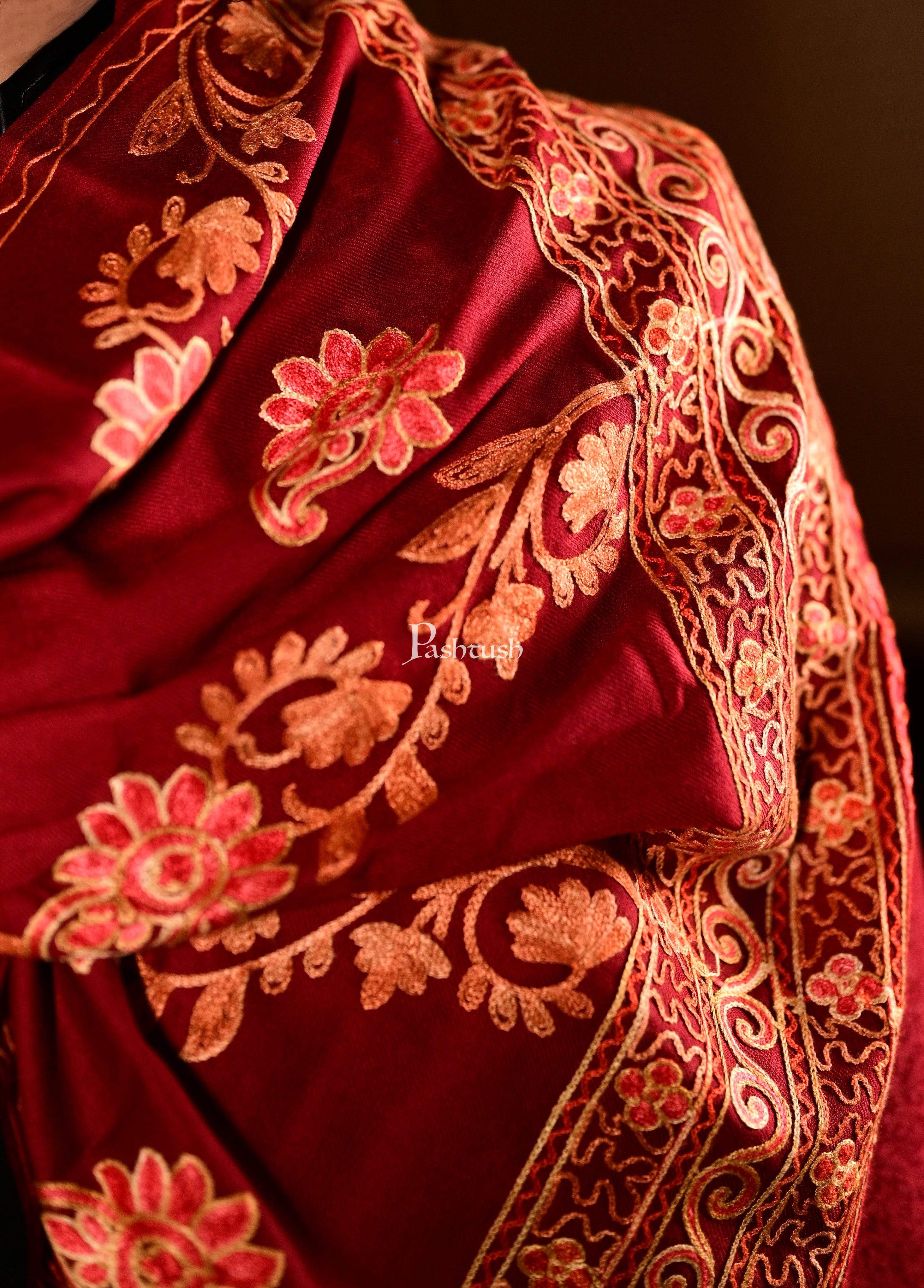 Pashtush Mens Aari Embroidery Stole, Fine Wool, Maroon - Image 2