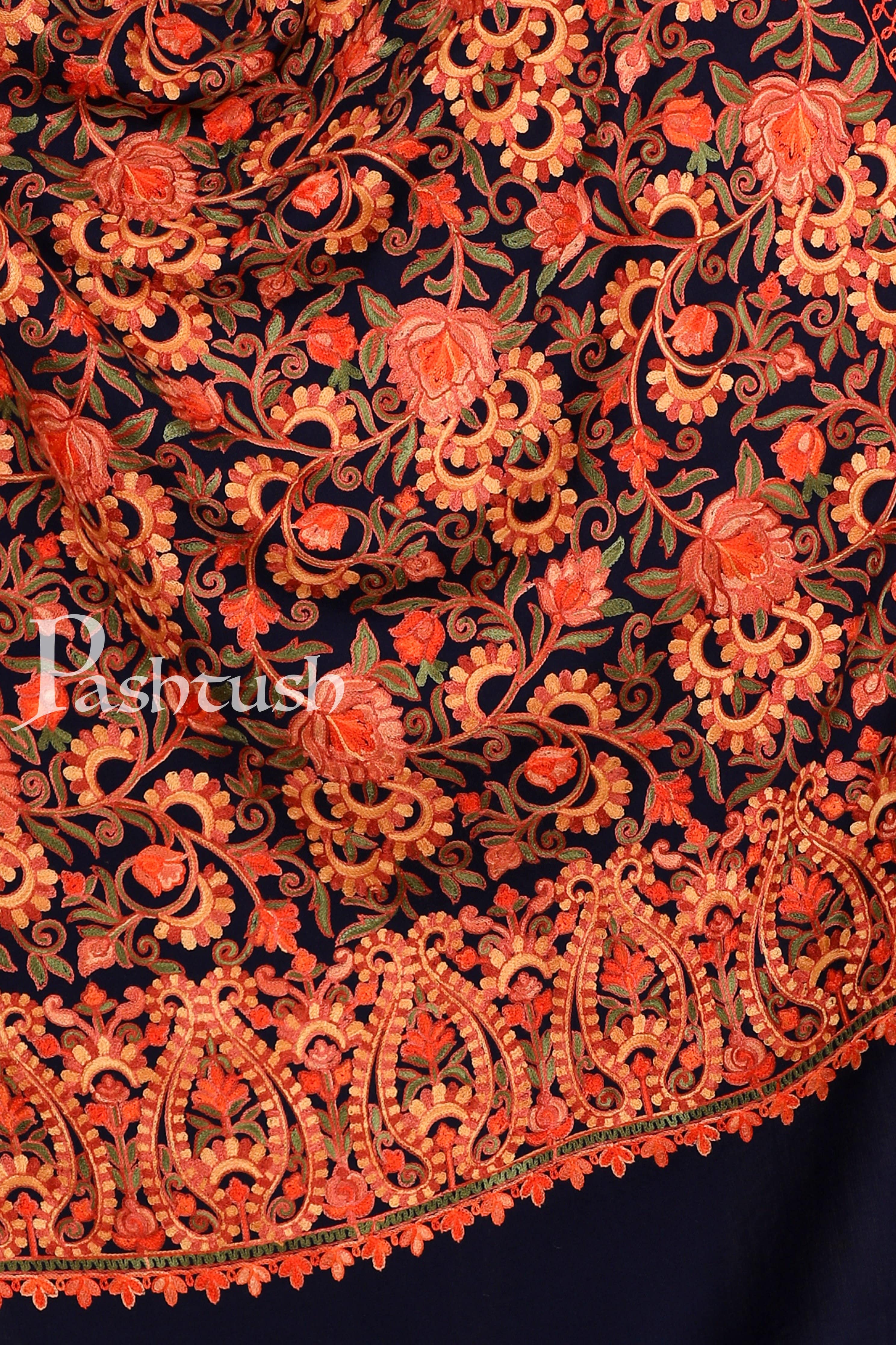 Pashtush Aari Embroidery Stole, Fine Wool, Navy Blue - Image 2