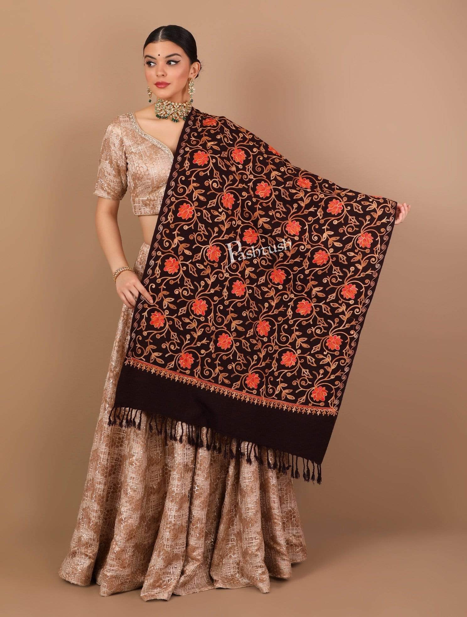Pashtush Womens Aari Embroidery, Woollen Stole - Image 3