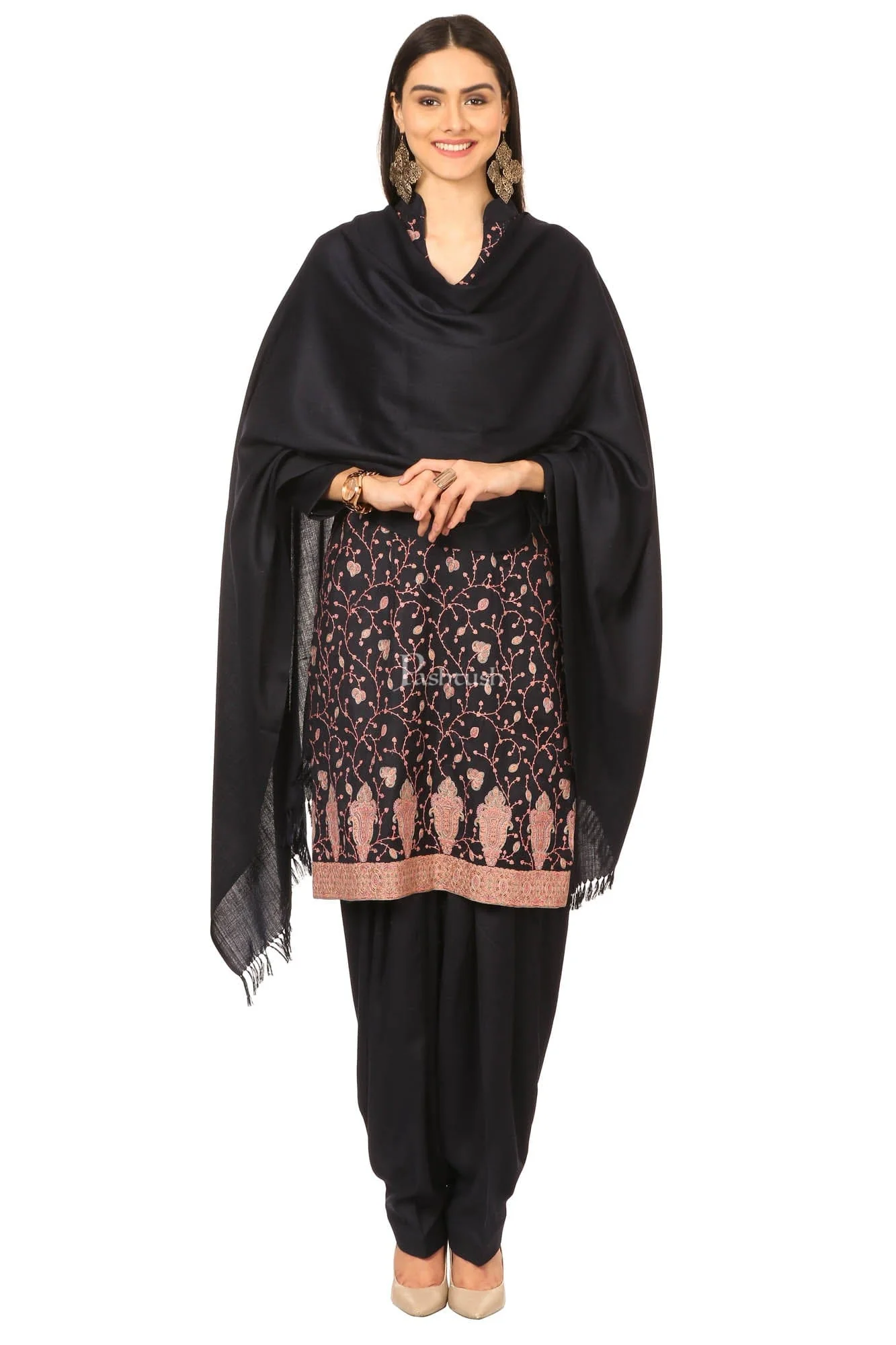 Pashtush Embroidery Suit, With Self Stole (Unstitched) - Midnight Blue - Image 3