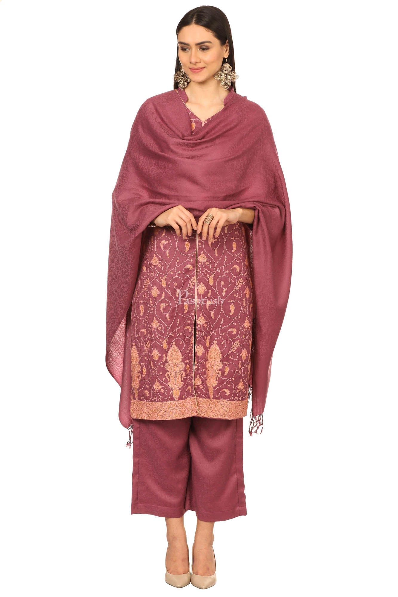 Pashtush Embroidery Suit, With Self Stole (Unstitched) - Peel Lilac - Image 2