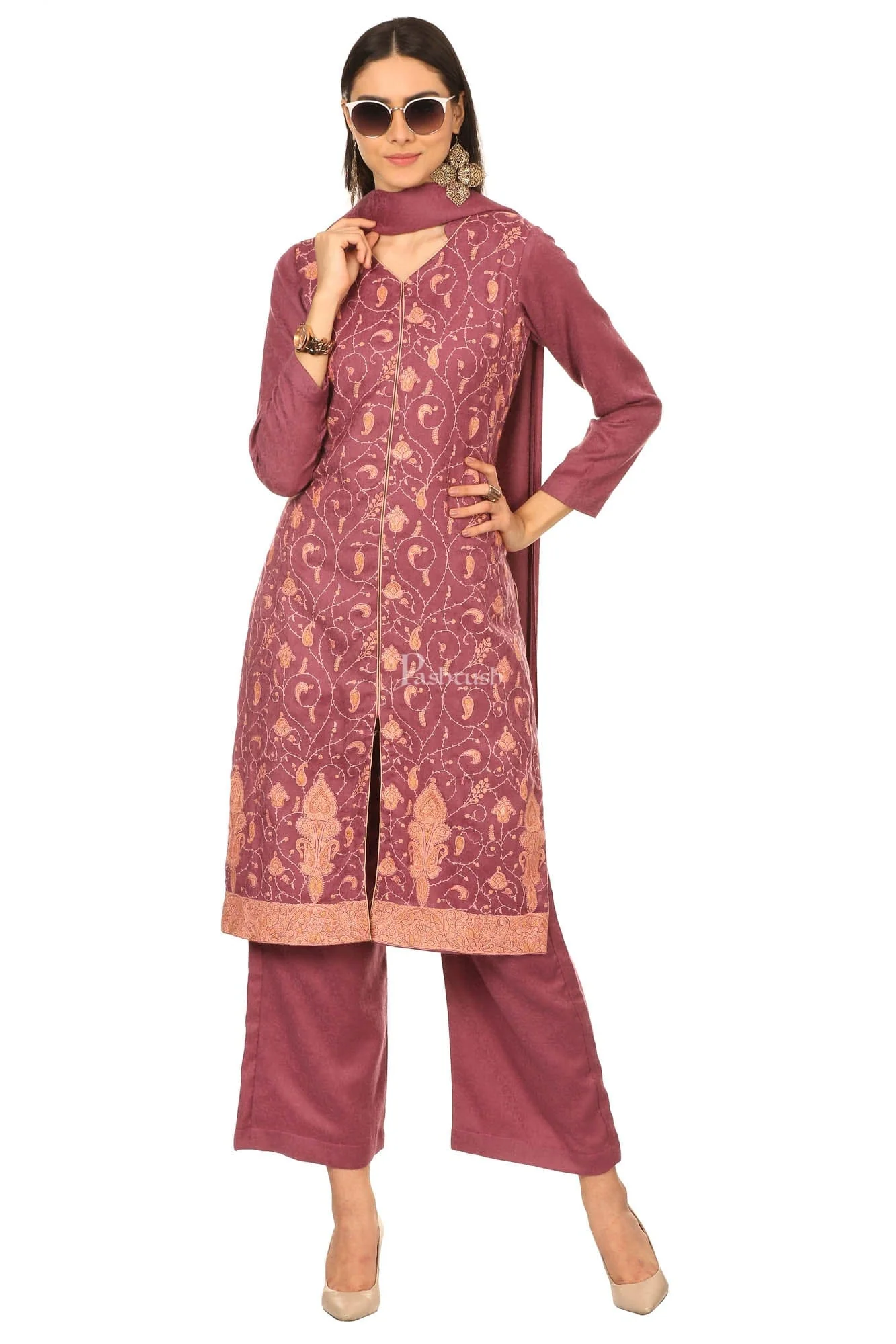 Pashtush Embroidery Suit, With Self Stole (Unstitched) - Peel Lilac - Image 5