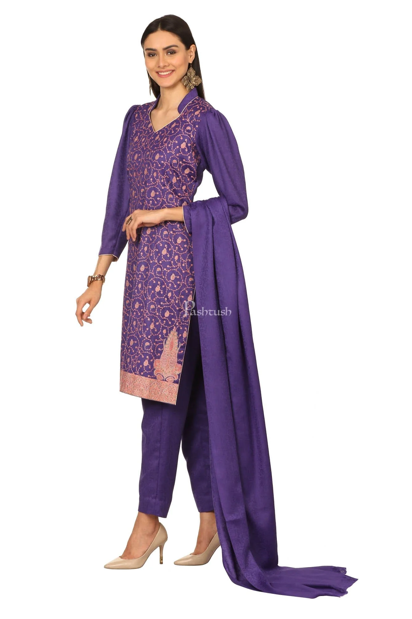 Pashtush Embroidery Suit, With Self Stole (Unstitched) - Purple - Image 3