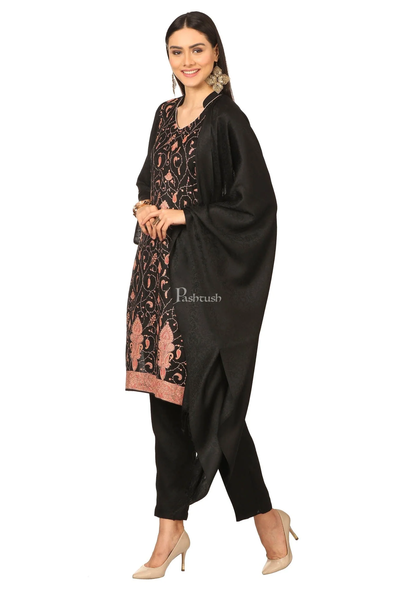Pashtush Embroidery Suit, Fine Wool (Unstitched) - Rich Black