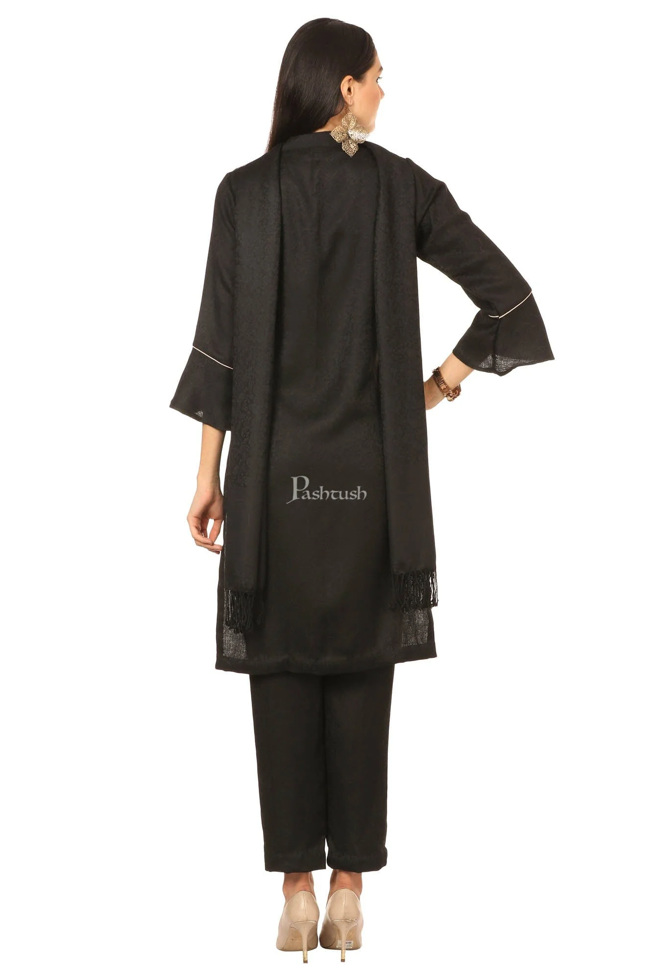 Pashtush Embroidery Suit, Fine Wool (Unstitched) - Rich Black - Image 4