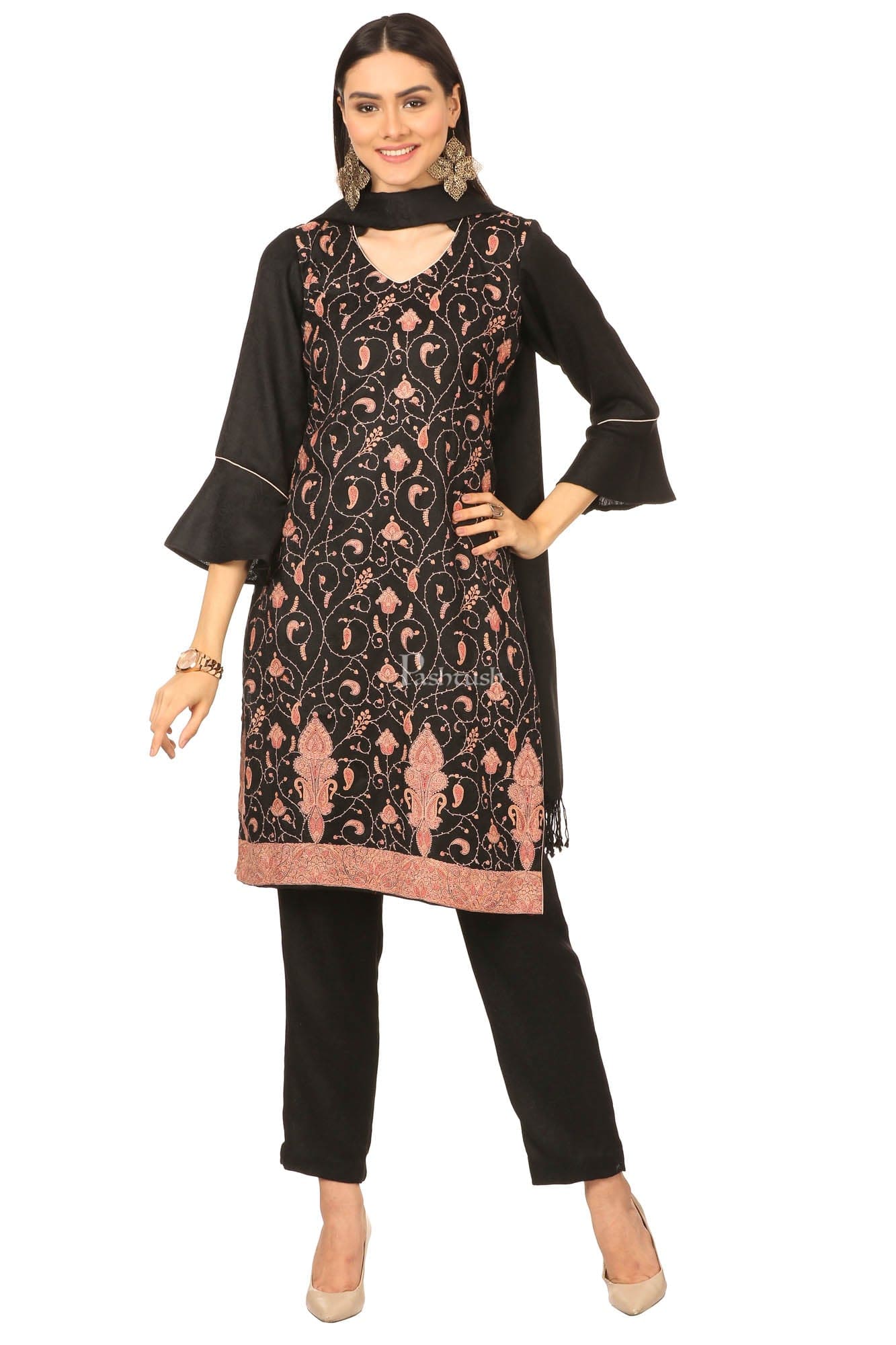 Pashtush Embroidery Suit, Fine Wool (Unstitched) - Rich Black - Image 5